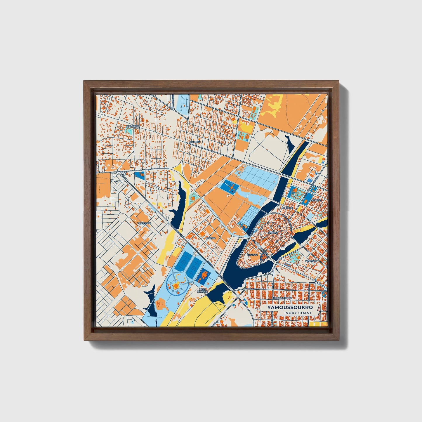 Yamoussoukro Ivory Coast Colorful City Map Canvas Print • Dark Wooden Framed