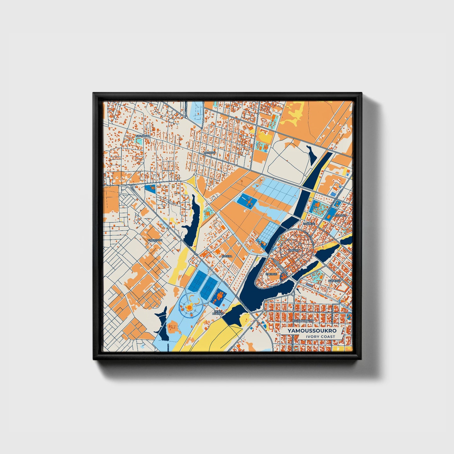 Yamoussoukro Ivory Coast Colorful City Map Canvas Print • Black Framed