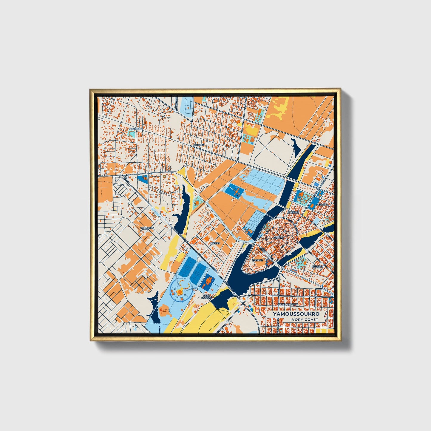 Yamoussoukro Ivory Coast Colorful City Map Canvas Print • Gold Framed