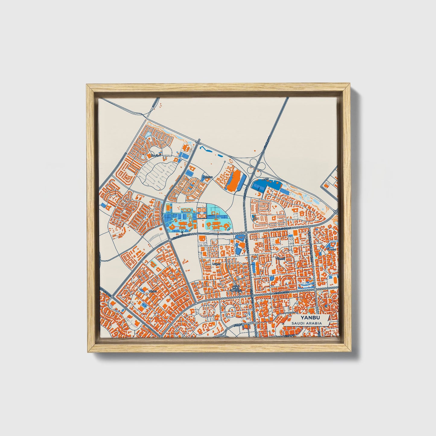 Yanbu Saudi Arabia Colorful City Map Canvas Print • Natural Wooden Framed