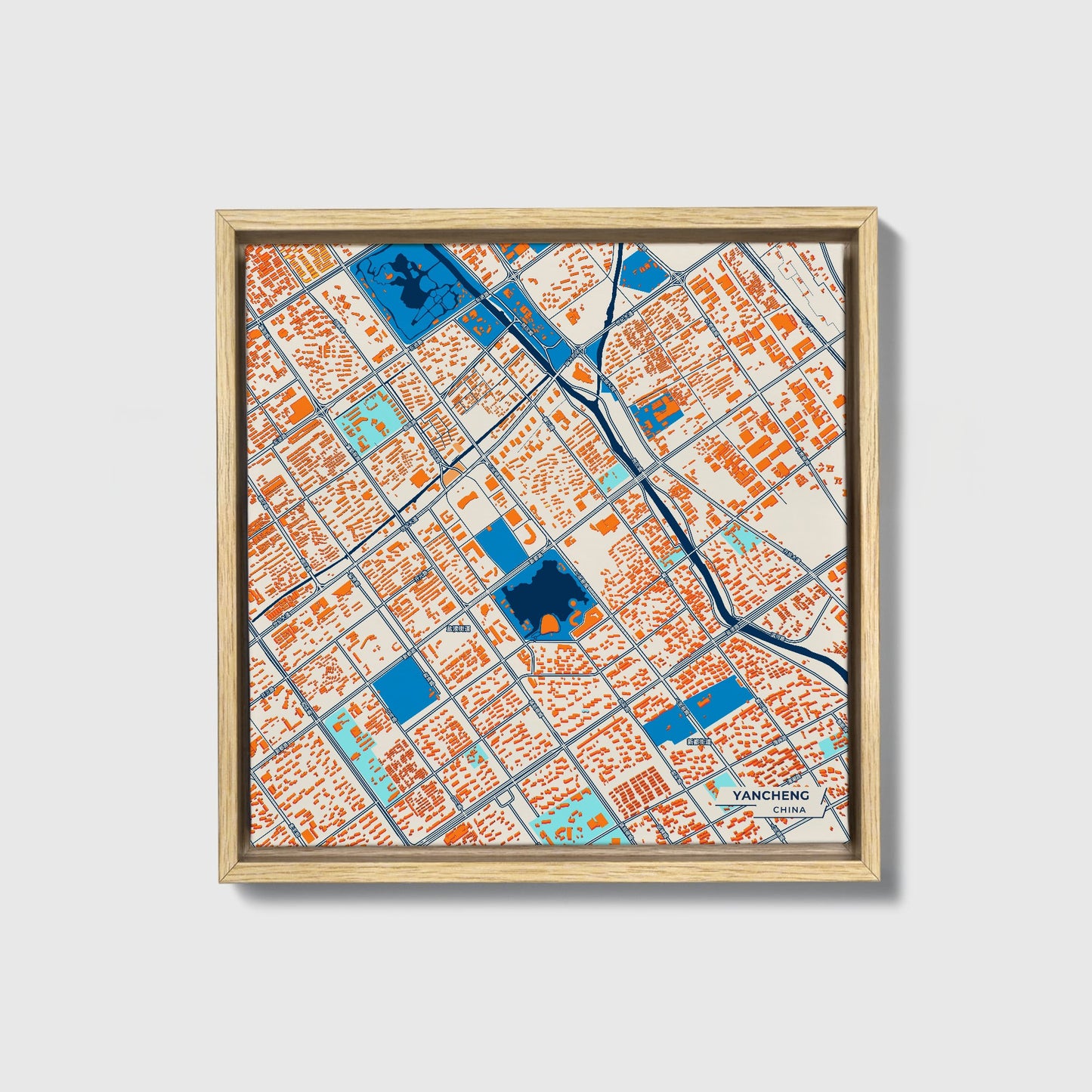 Yancheng China Colorful City Map Canvas Print • Natural Wooden Framed