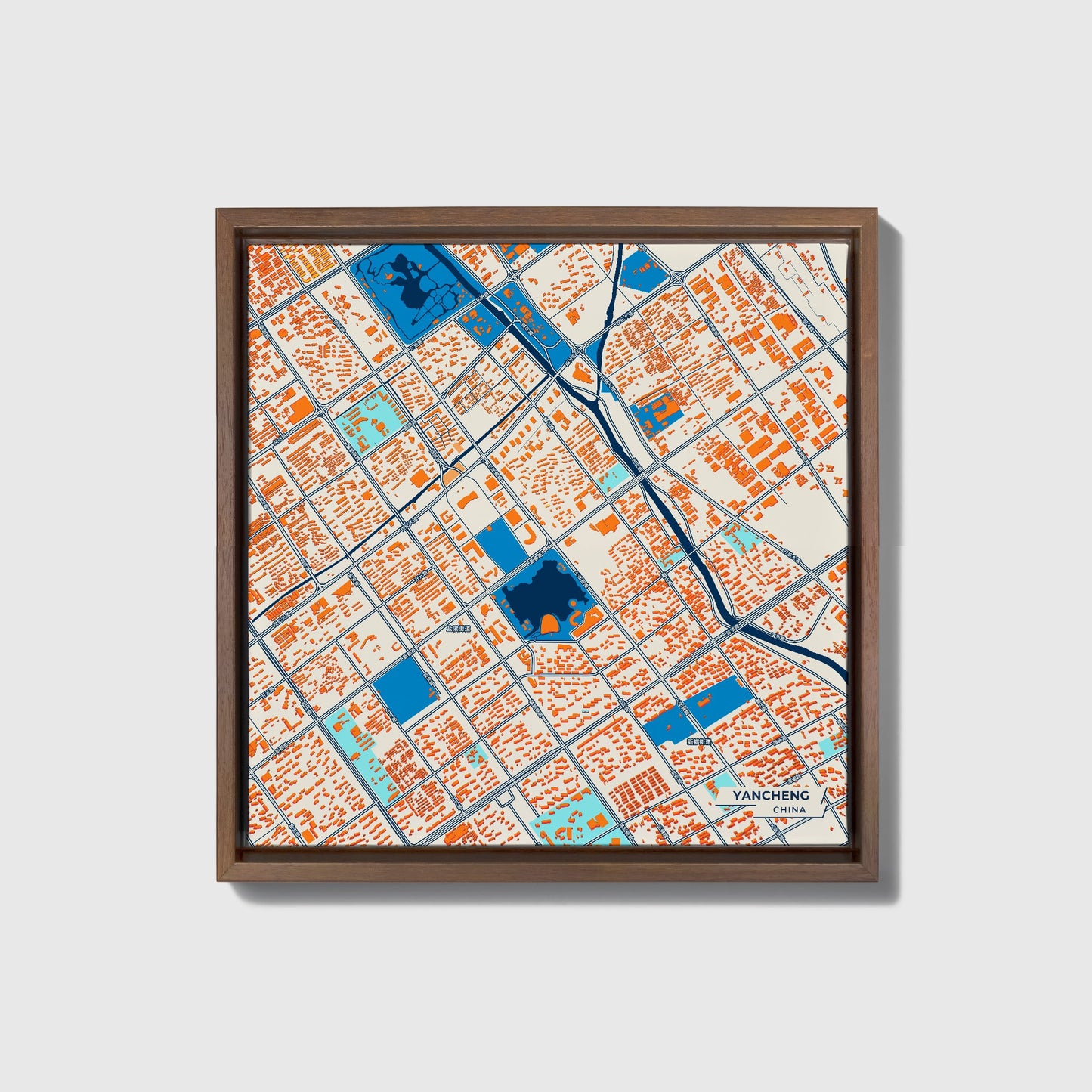 Yancheng China Colorful City Map Canvas Print • Dark Wooden Framed