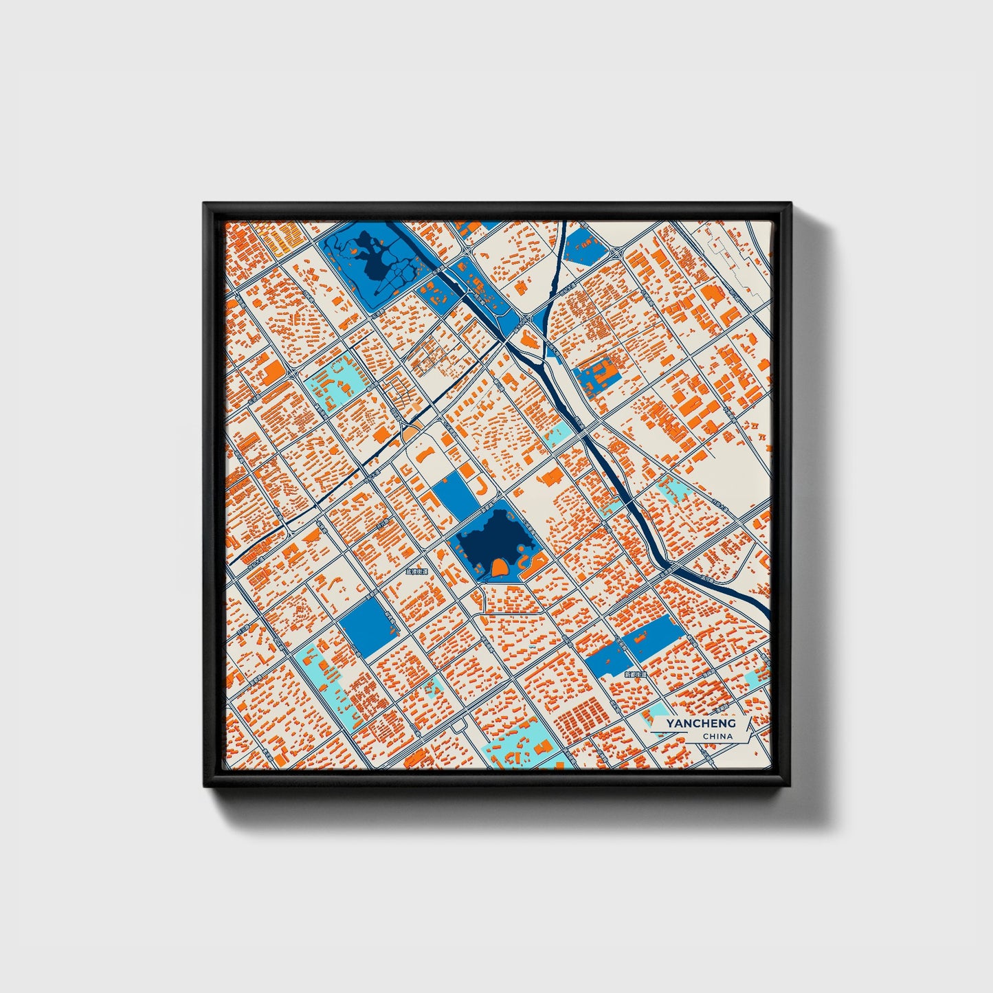 Yancheng China Colorful City Map Canvas Print • Black Framed