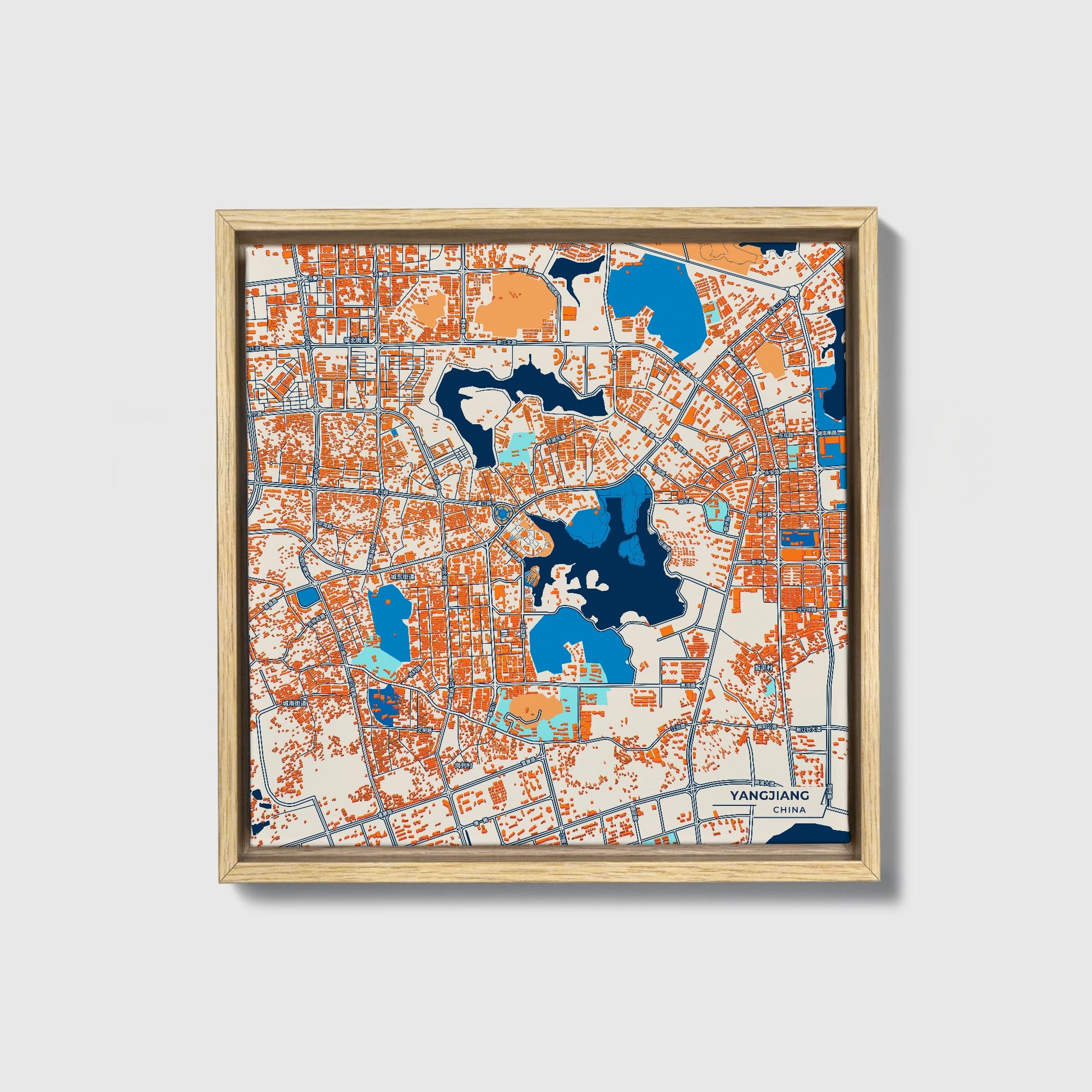 Yangjiang China Colorful City Map Canvas Print • Natural Wooden Framed