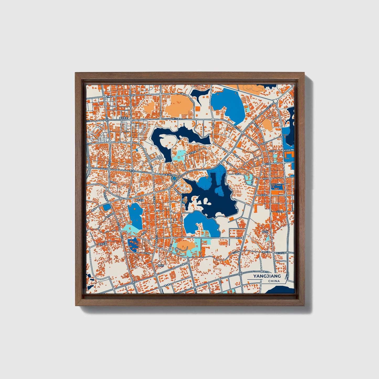 Yangjiang China Colorful City Map Canvas Print • Dark Wooden Framed