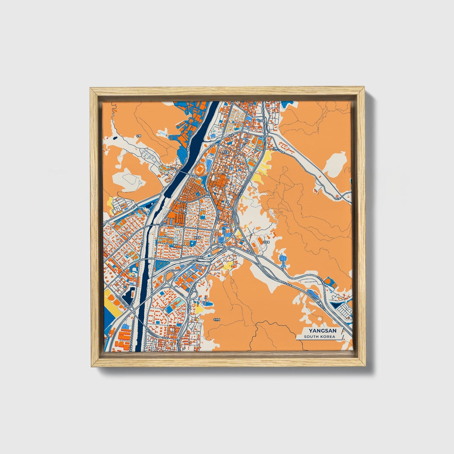 Yangsan South Korea Colorful City Map Canvas Print • Natural Wooden Framed