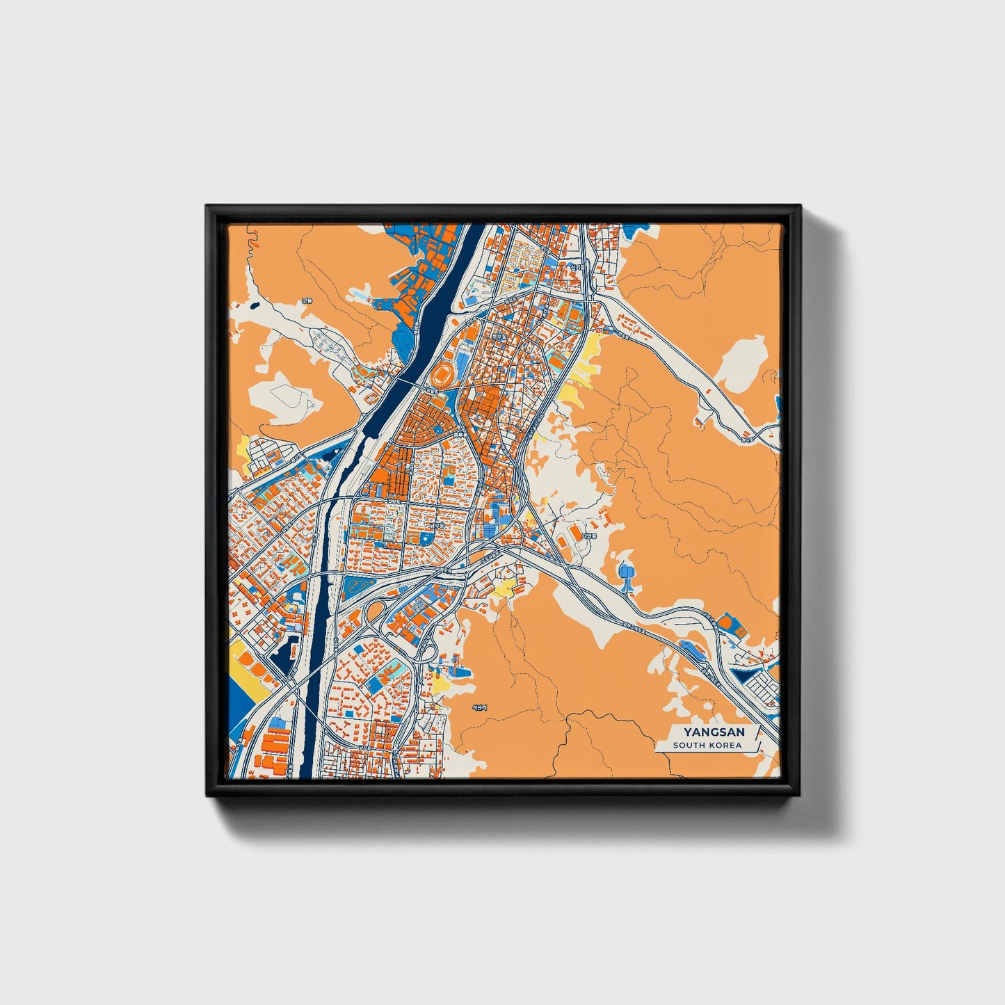 Yangsan South Korea Colorful City Map Canvas Print • Black Framed