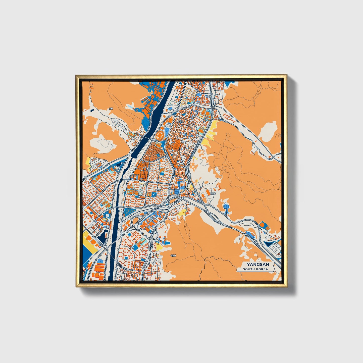 Yangsan South Korea Colorful City Map Canvas Print • Gold Framed