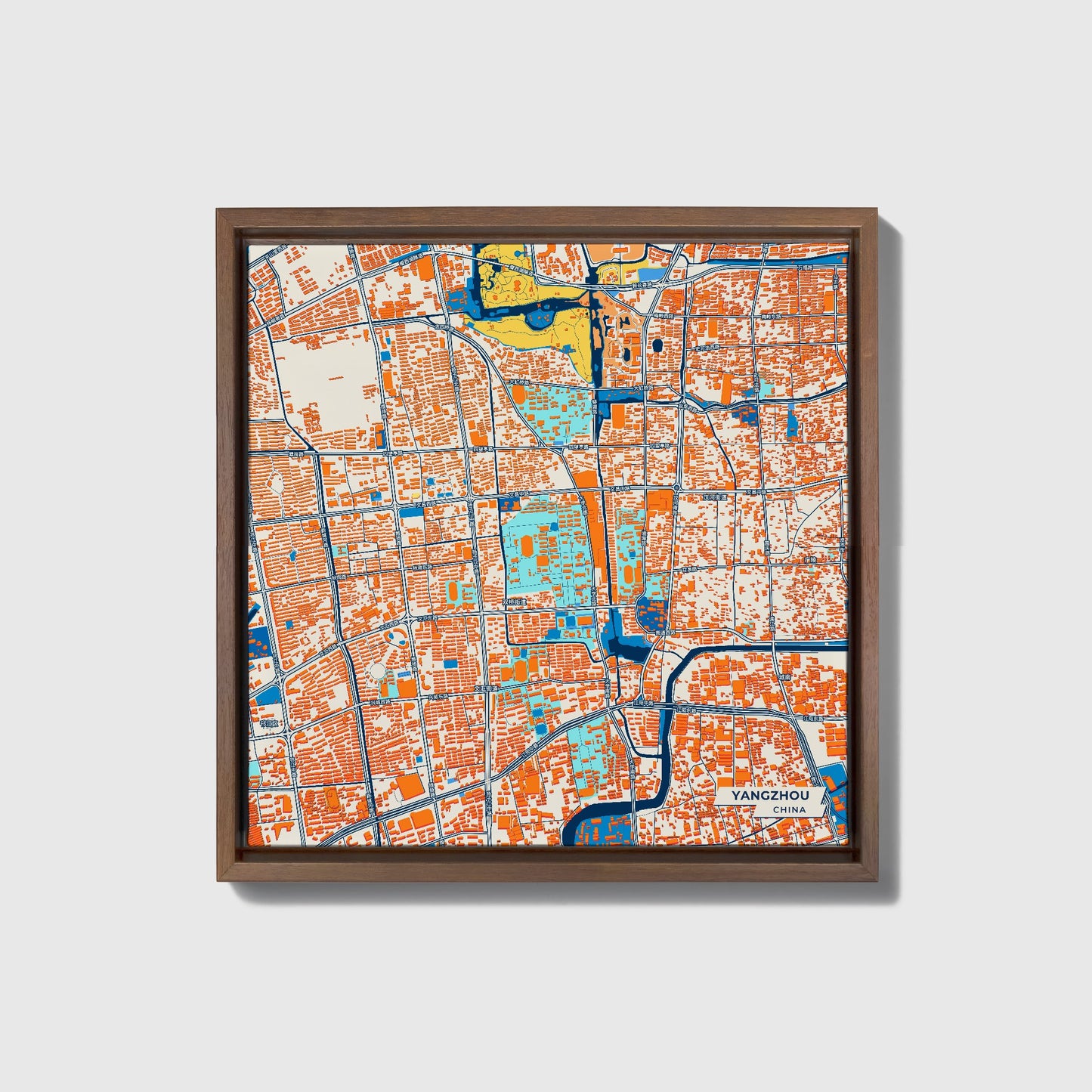 Yangzhou China Colorful City Map Canvas Print • Dark Wooden Framed