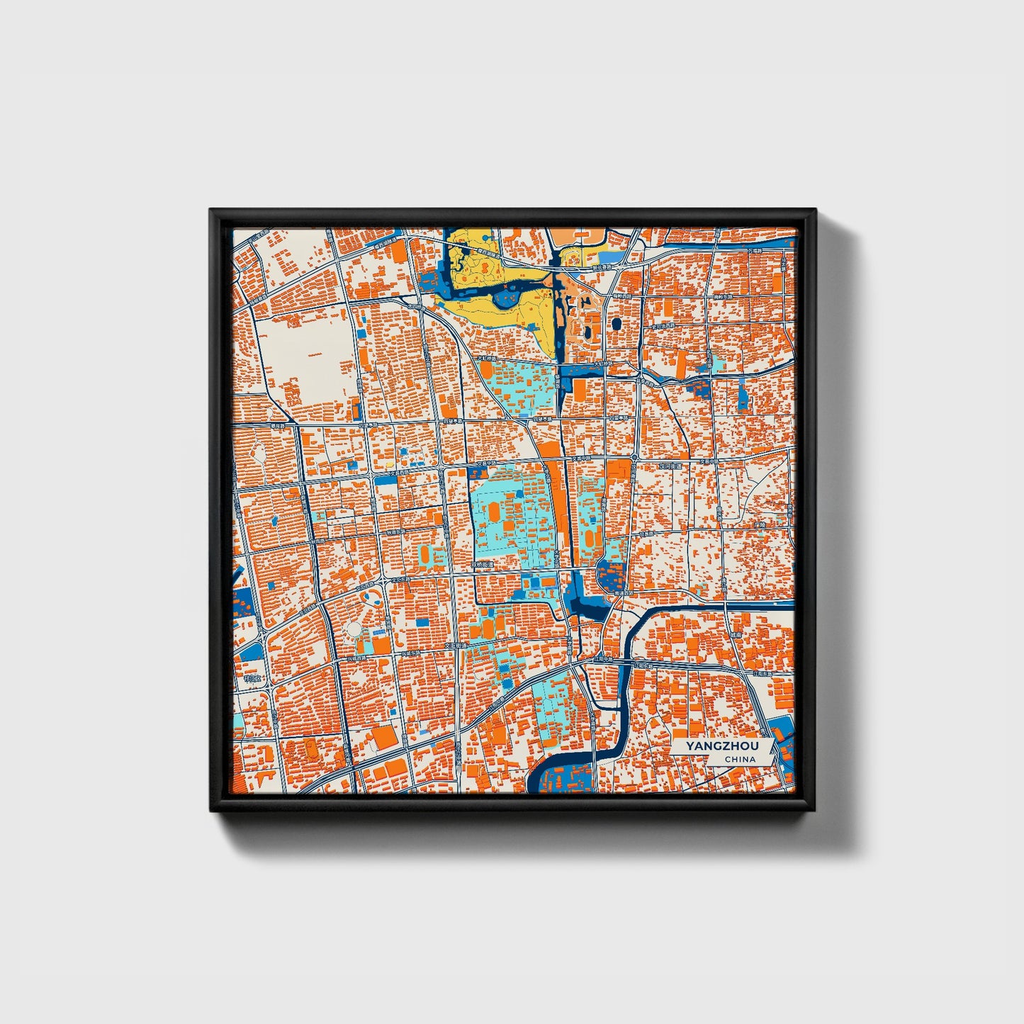 Yangzhou China Colorful City Map Canvas Print • Black Framed