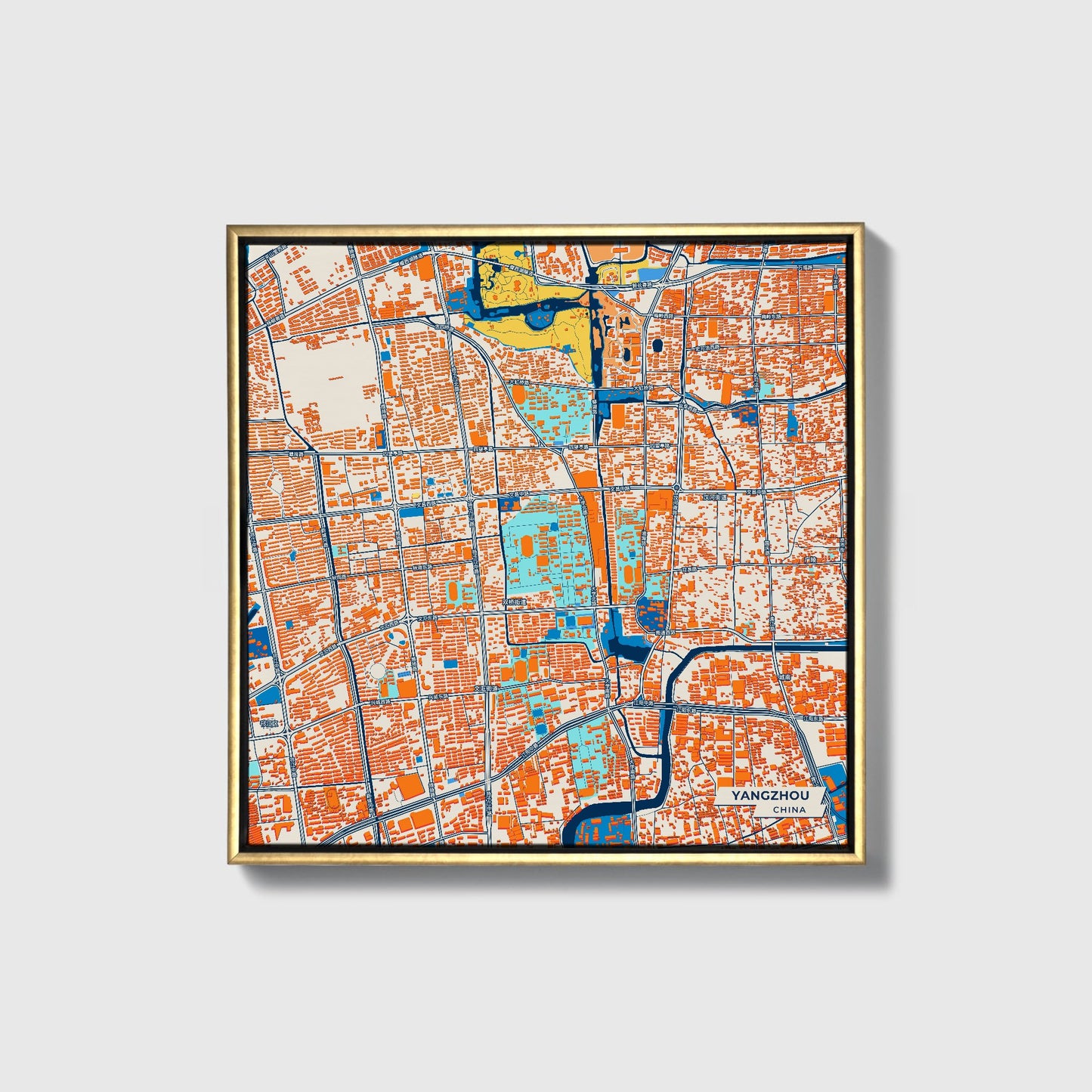 Yangzhou China Colorful City Map Canvas Print • Gold Framed
