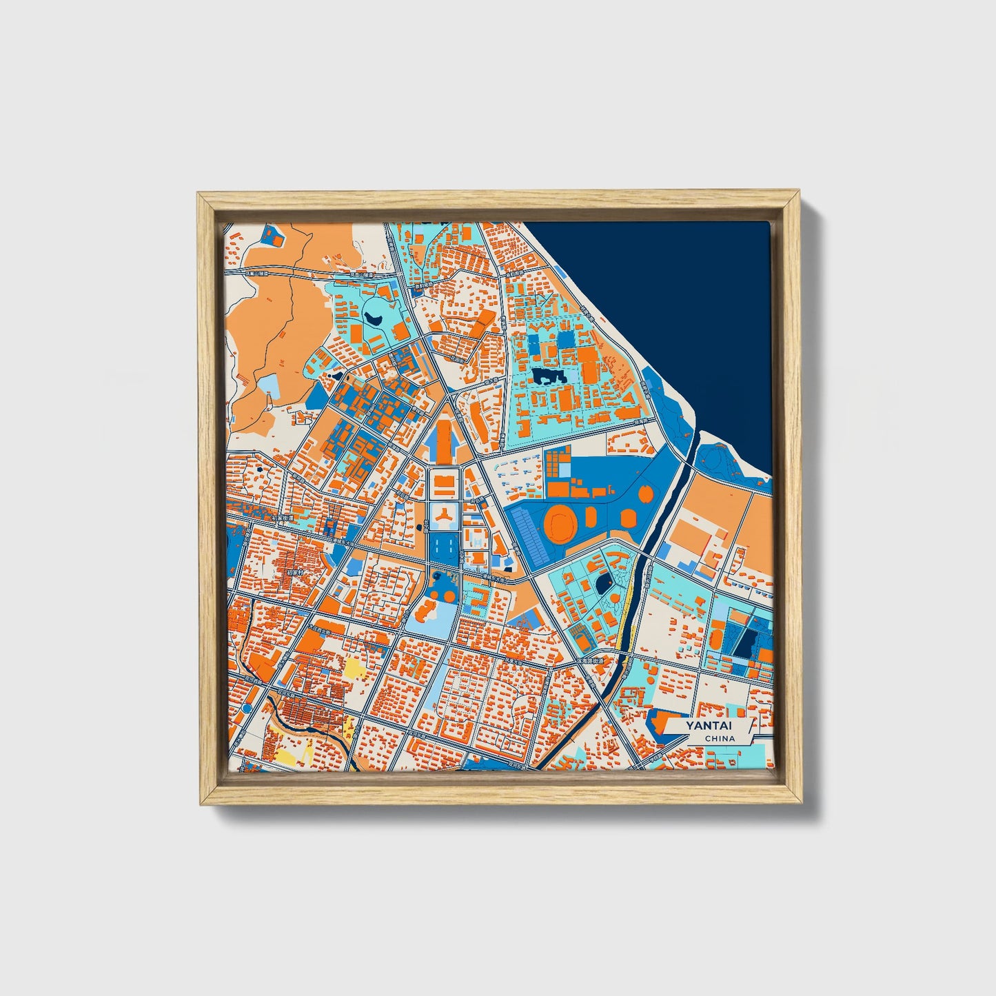 Yantai China Colorful City Map Canvas Print • Natural Wooden Framed