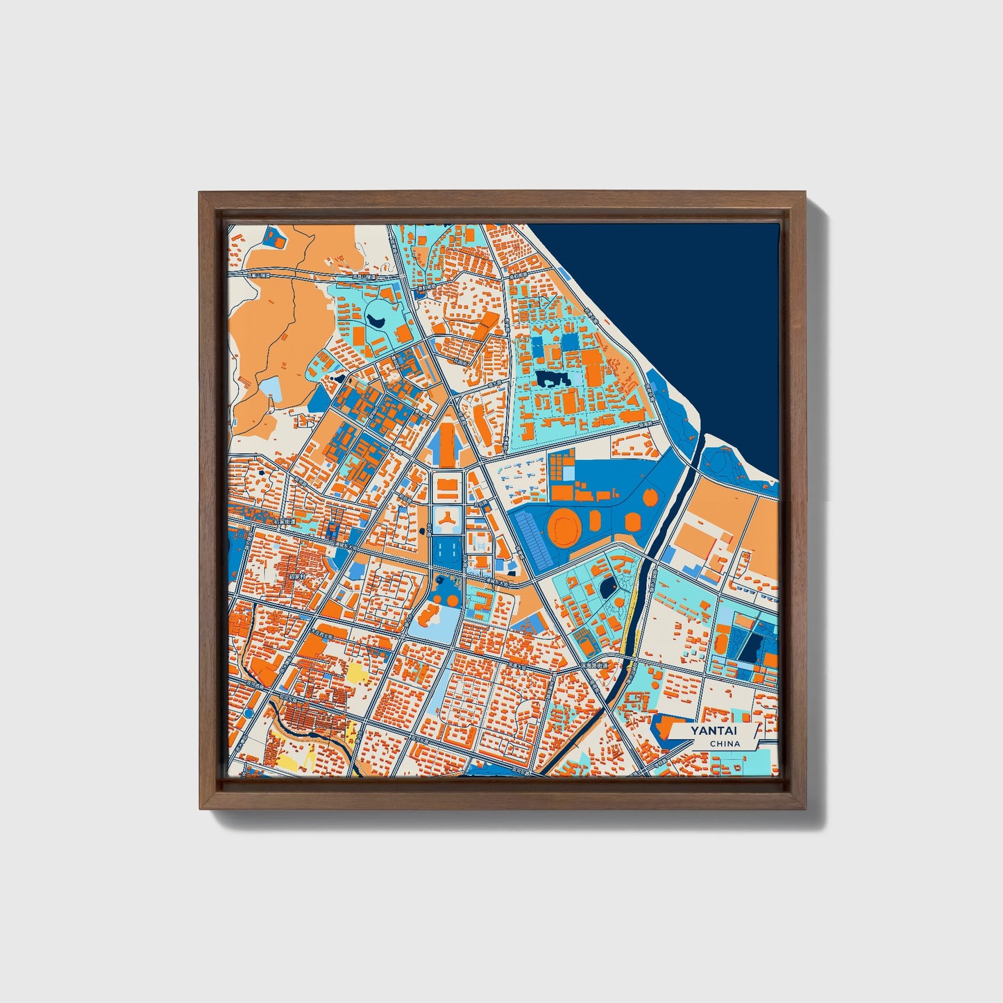 Yantai China Colorful City Map Canvas Print • Dark Wooden Framed