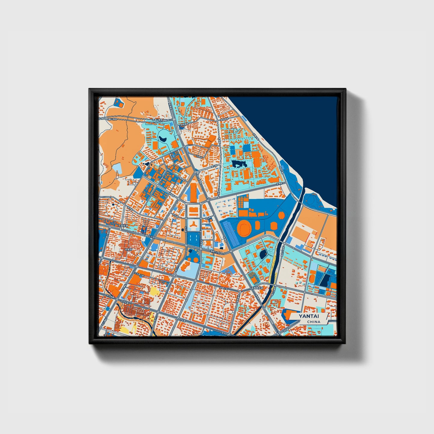 Yantai China Colorful City Map Canvas Print • Black Framed