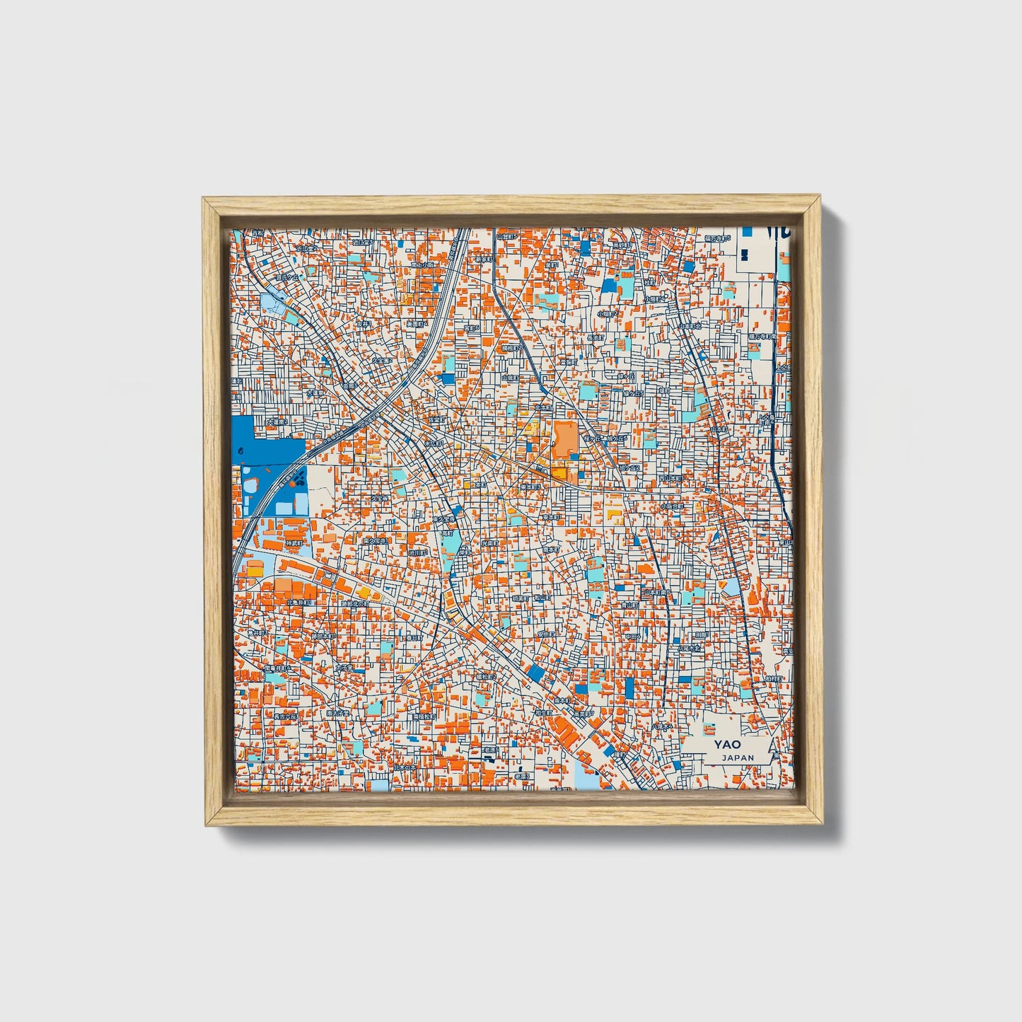 Yao Japan Colorful City Map Canvas Print • Natural Wooden Framed