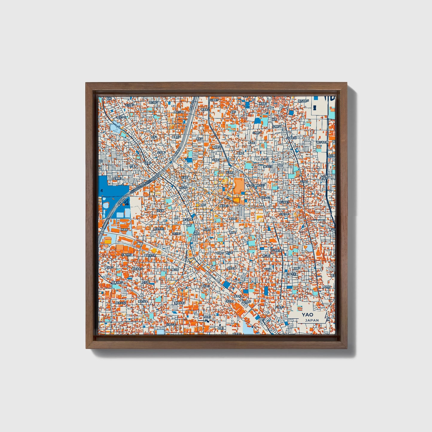 Yao Japan Colorful City Map Canvas Print • Dark Wooden Framed