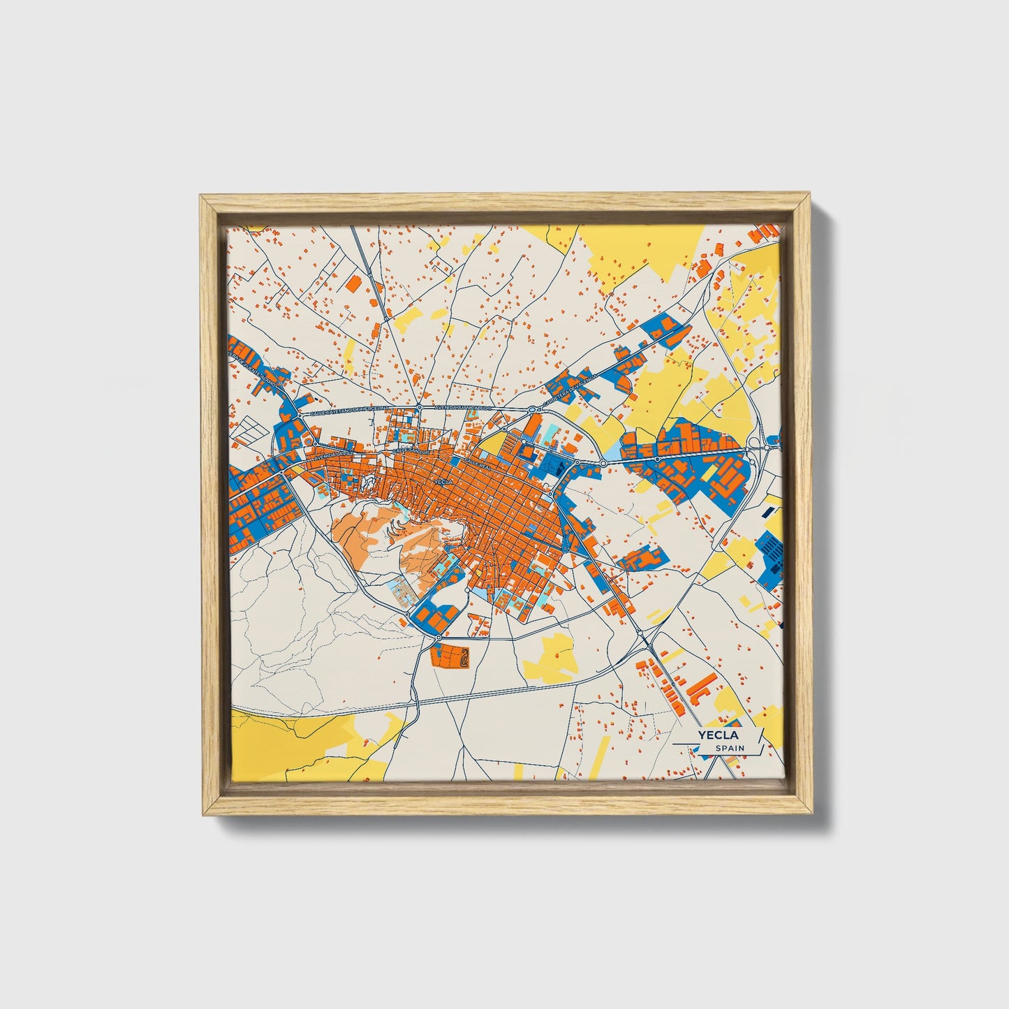 Yecla Spain Colorful City Map Canvas Print • Natural Wooden Framed