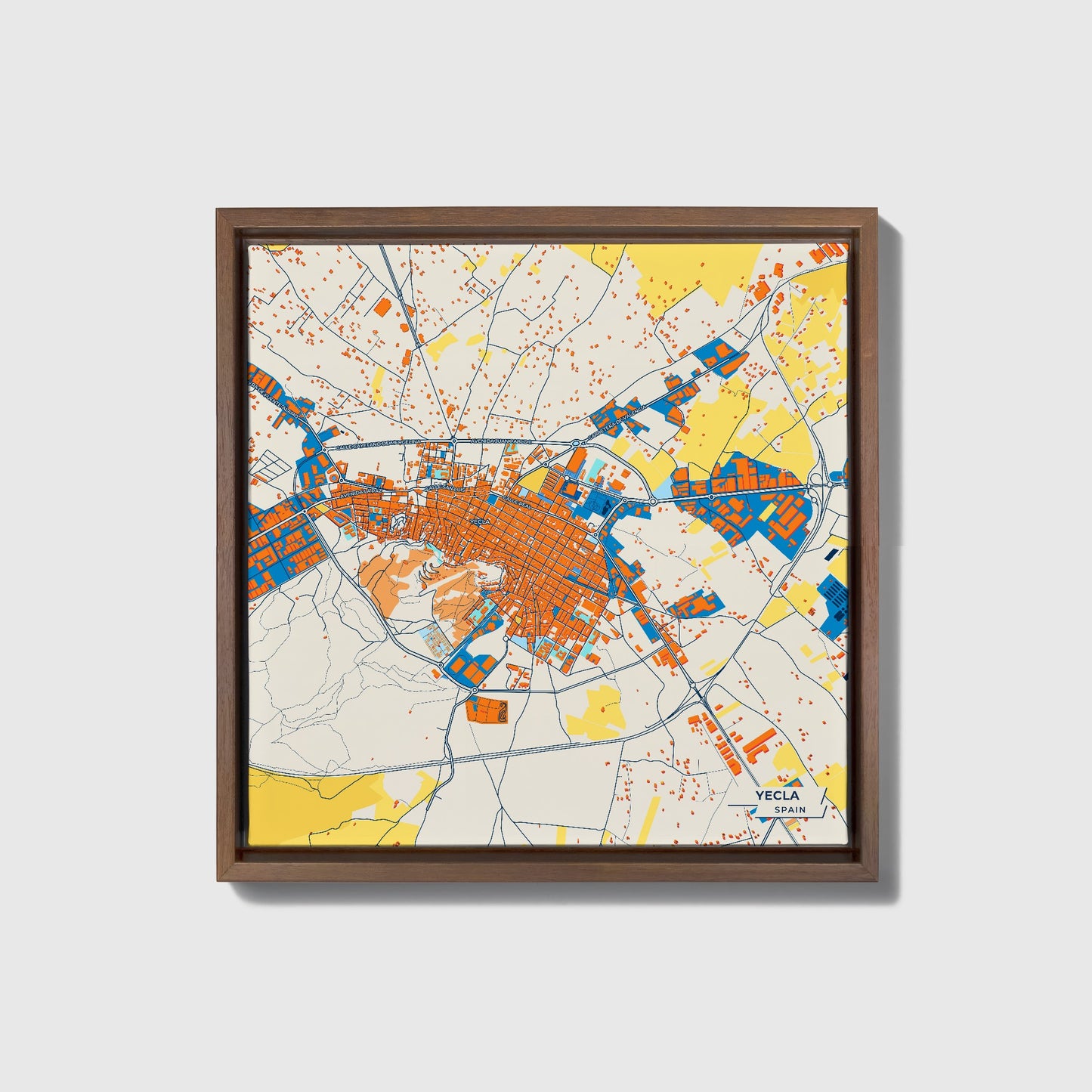 Yecla Spain Colorful City Map Canvas Print • Dark Wooden Framed