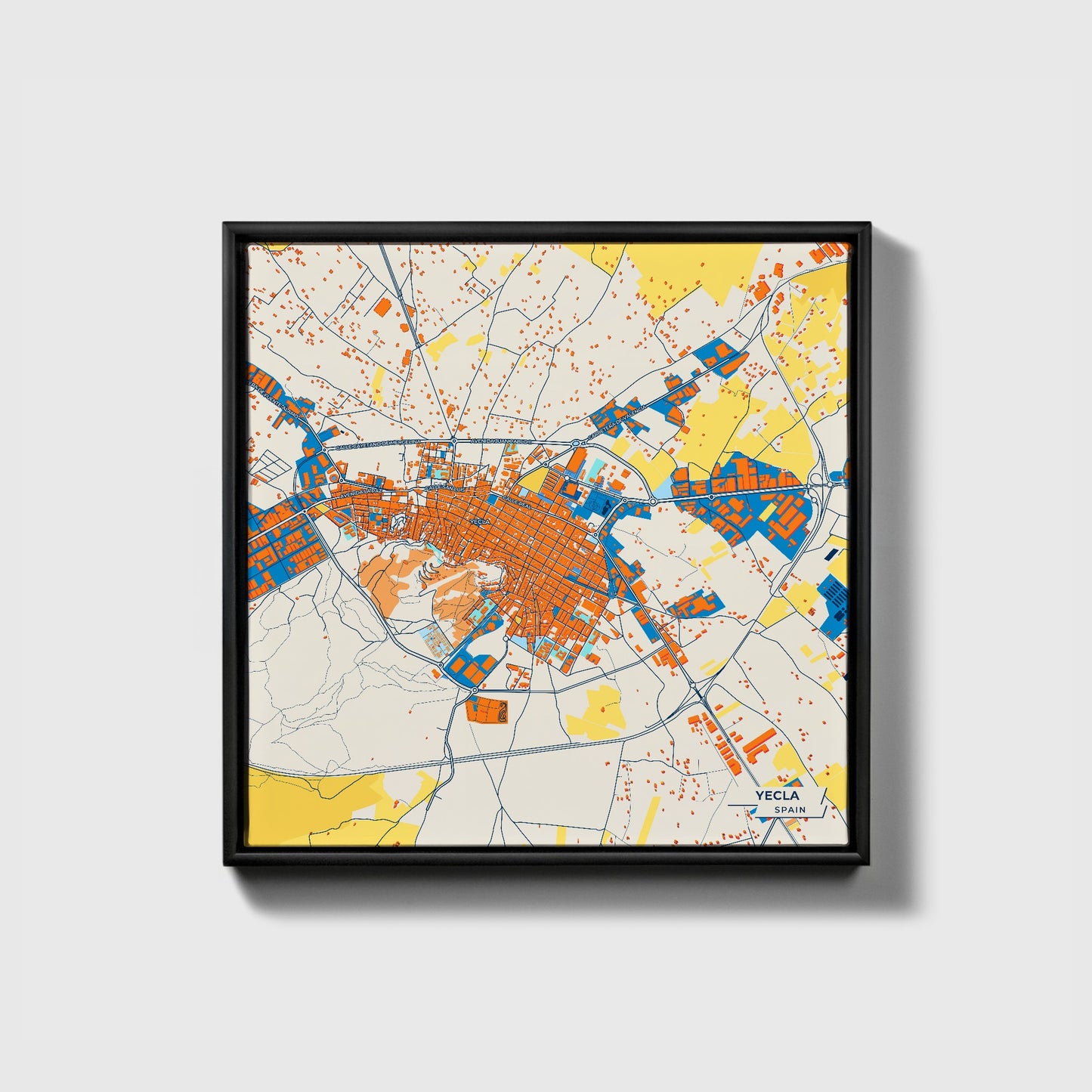 Yecla Spain Colorful City Map Canvas Print • Black Framed