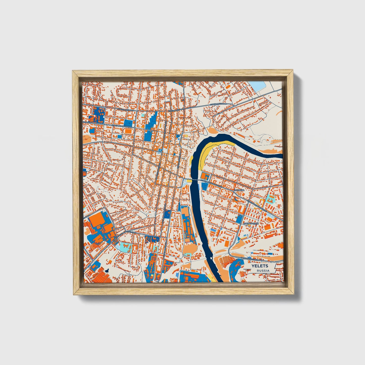Елец Russia Colorful City Map Canvas Print • Natural Wooden Framed