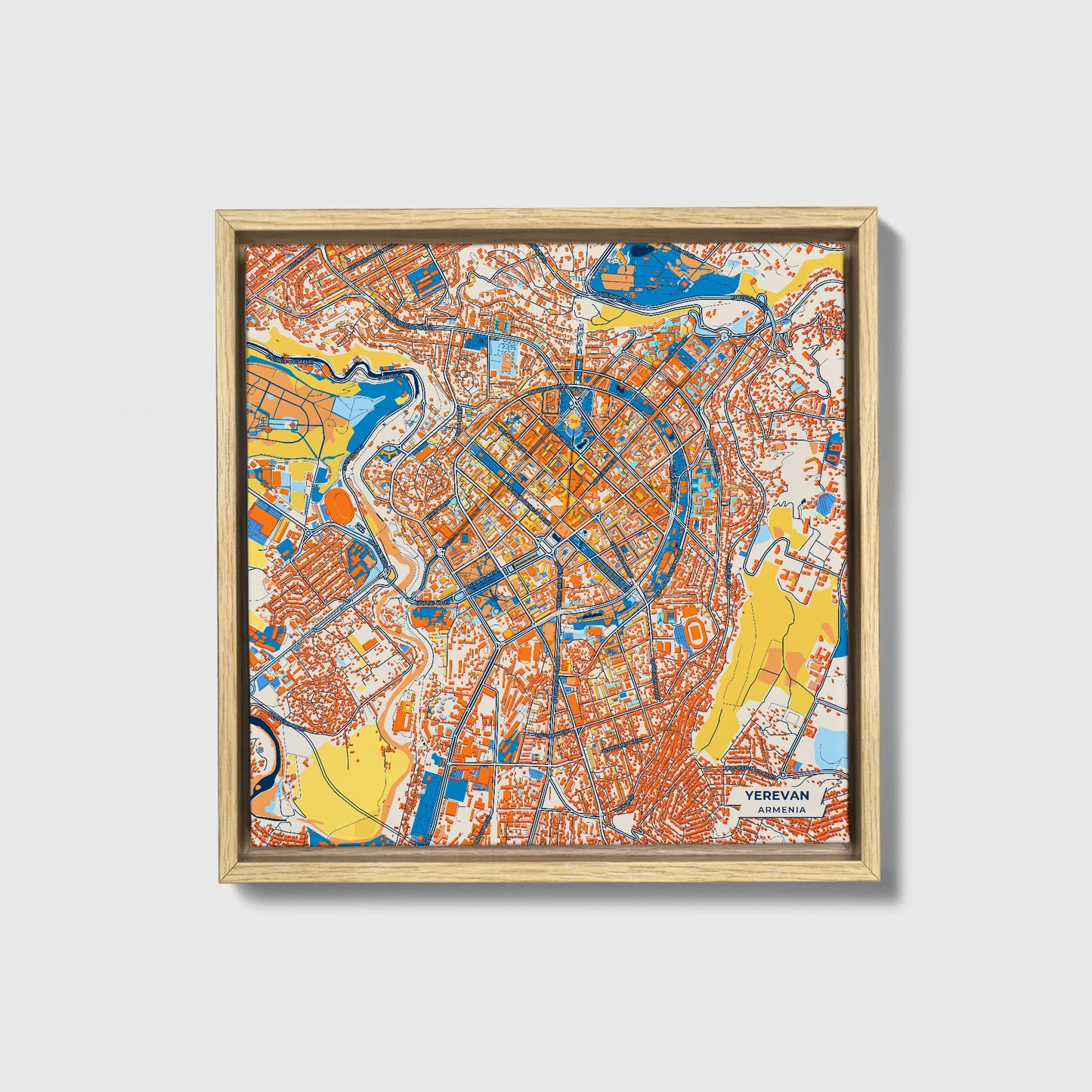 Yerevan Armenia Colorful City Map Canvas Print • Natural Wooden Framed
