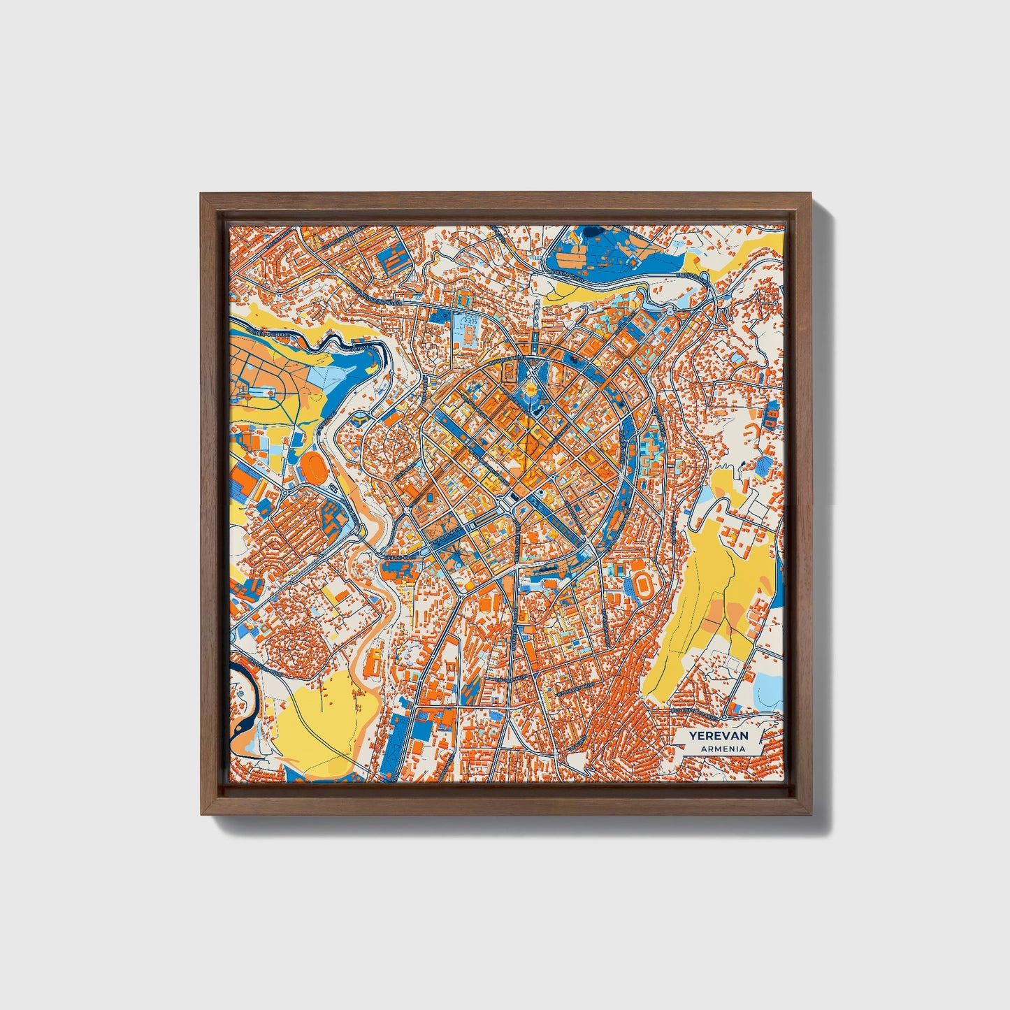 Yerevan Armenia Colorful City Map Canvas Print • Dark Wooden Framed