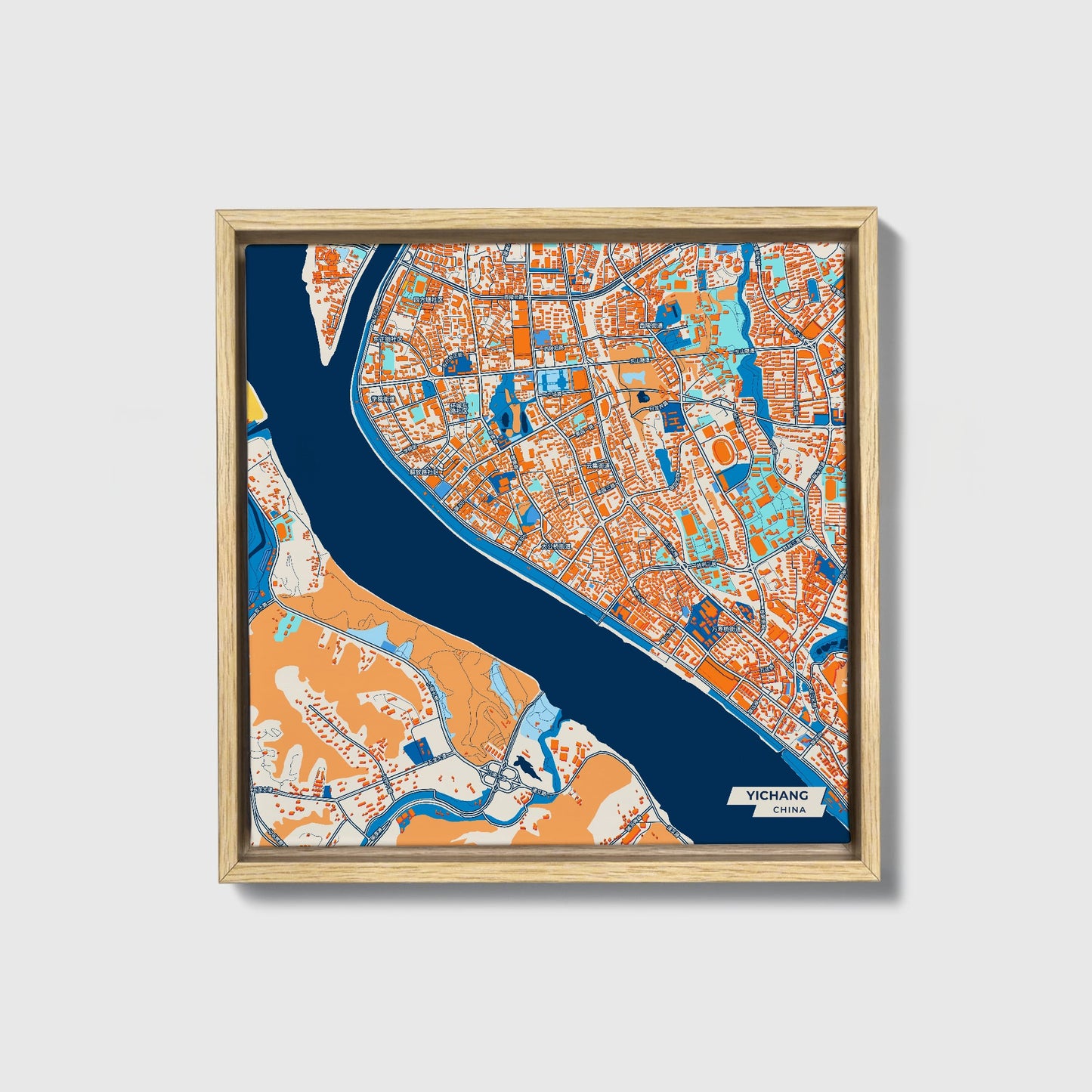 Yichang China Colorful City Map Canvas Print • Natural Wooden Framed