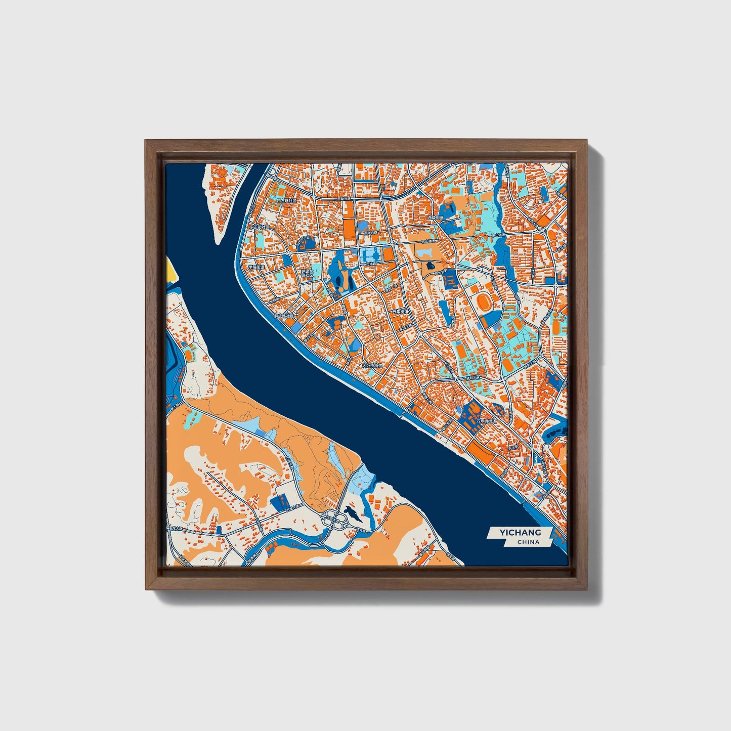 Yichang China Colorful City Map Canvas Print • Dark Wooden Framed