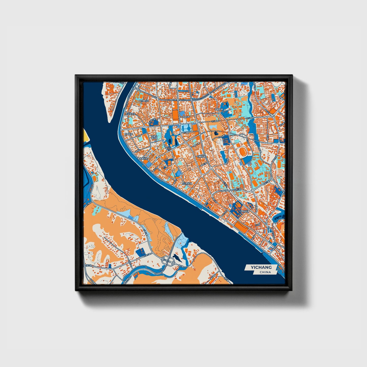 Yichang China Colorful City Map Canvas Print • Black Framed