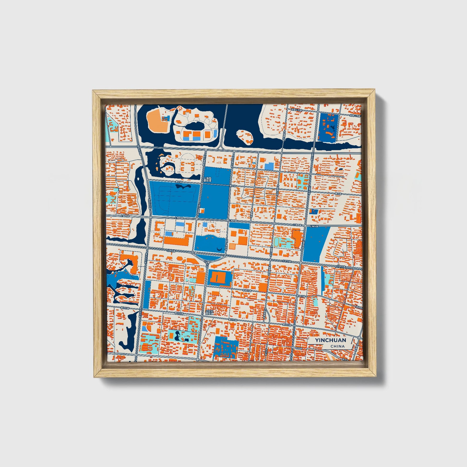 Yinchuan China Colorful City Map Canvas Print • Natural Wooden Framed