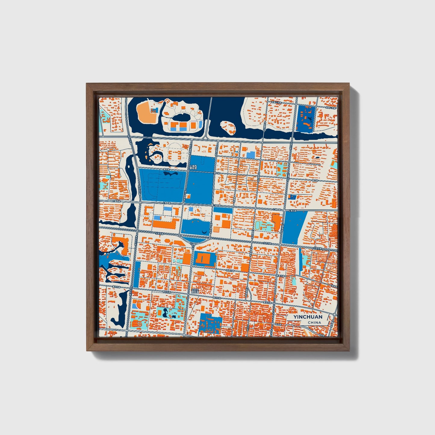 Yinchuan China Colorful City Map Canvas Print • Dark Wooden Framed