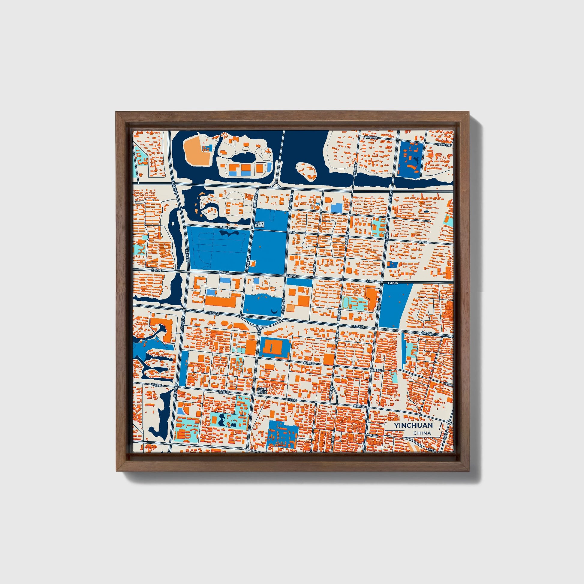Yinchuan China Colorful City Map Canvas Print • Dark Wooden Framed
