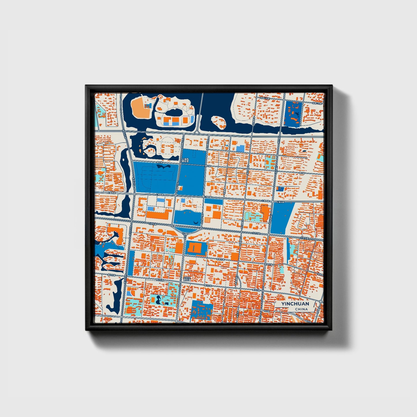 Yinchuan China Colorful City Map Canvas Print • Black Framed