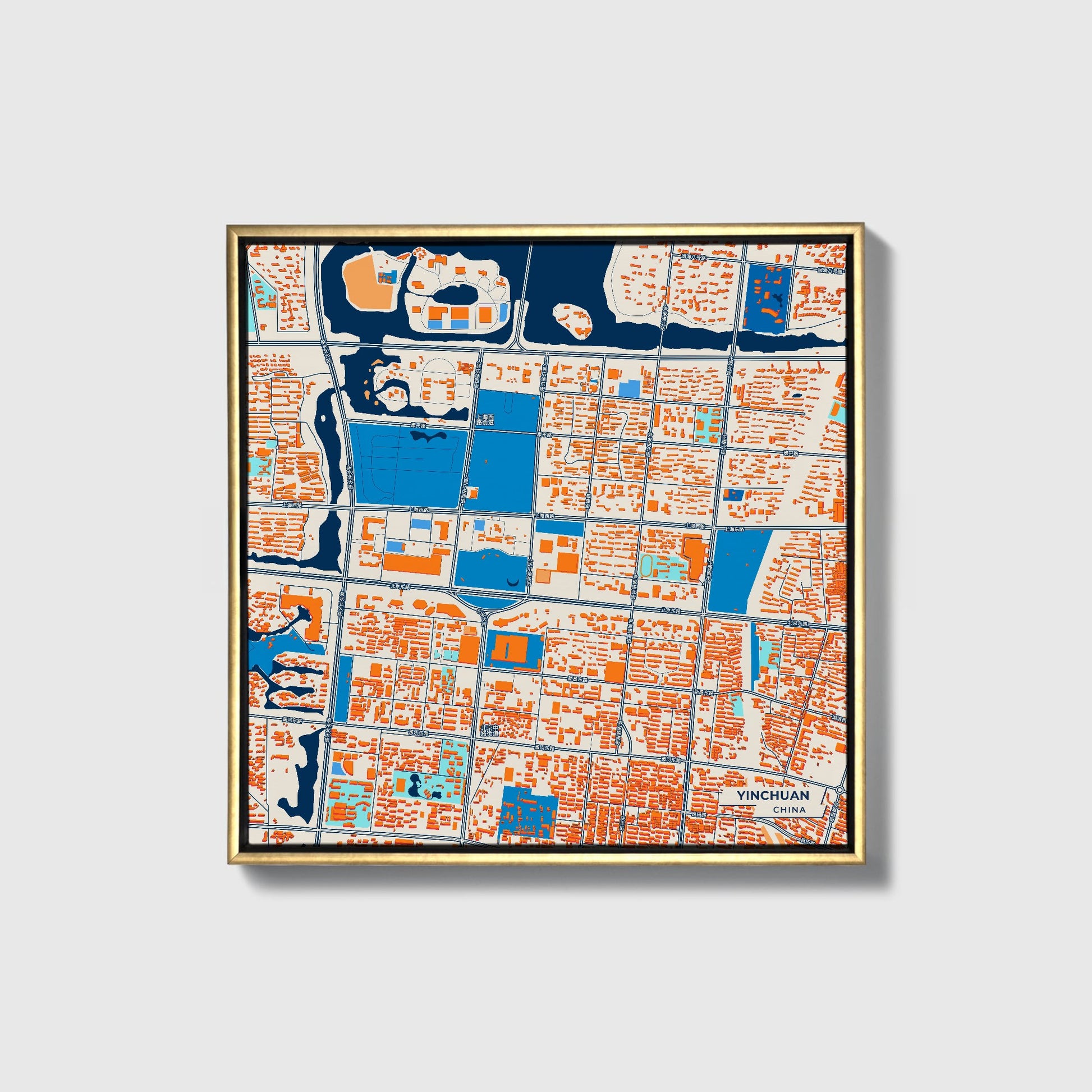 Yinchuan China Colorful City Map Canvas Print • Gold Framed