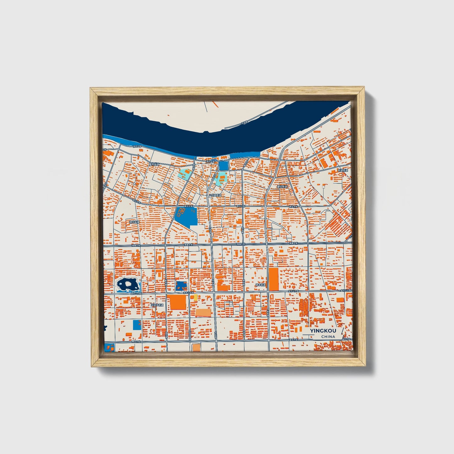 Yingkou China Colorful City Map Canvas Print • Natural Wooden Framed