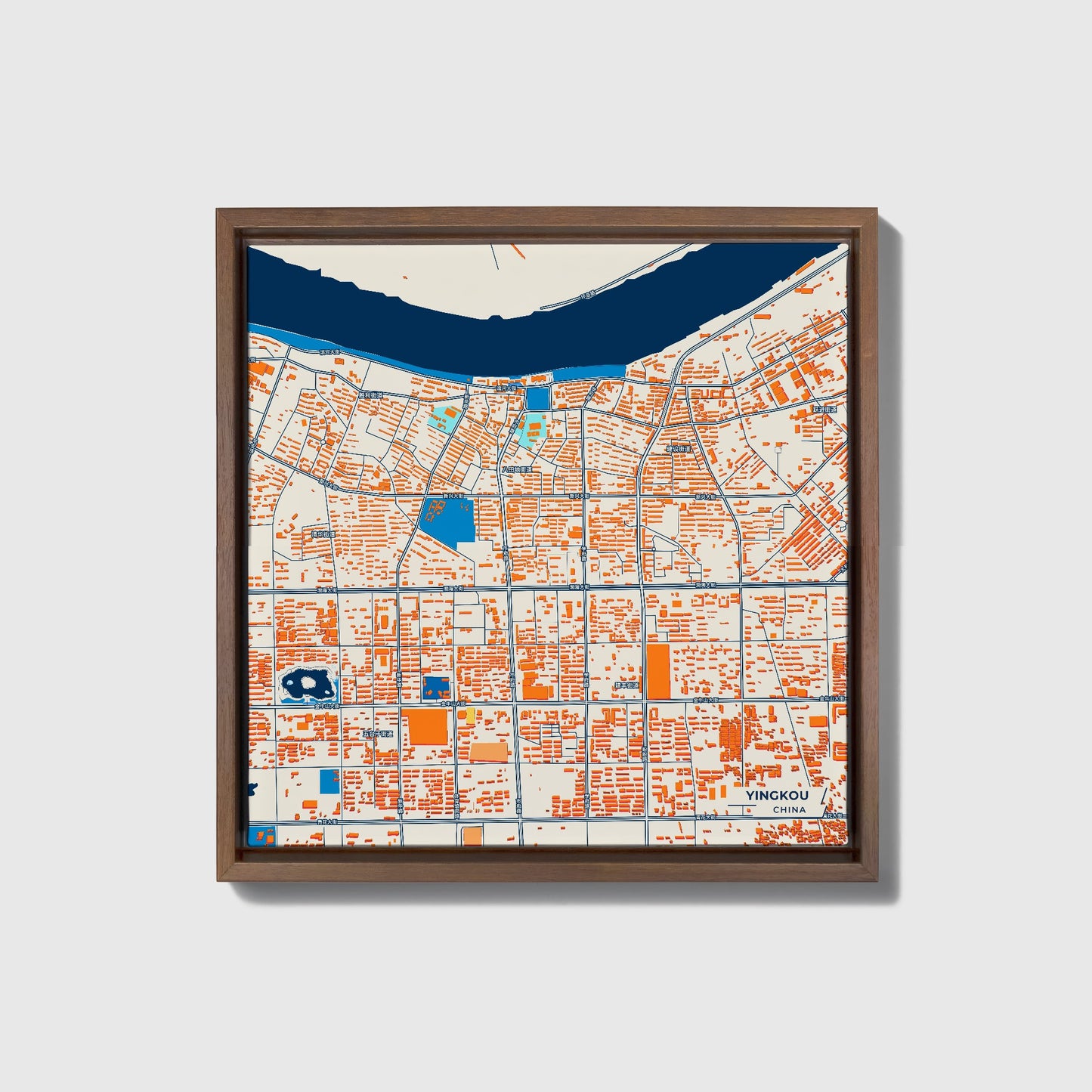 Yingkou China Colorful City Map Canvas Print • Dark Wooden Framed