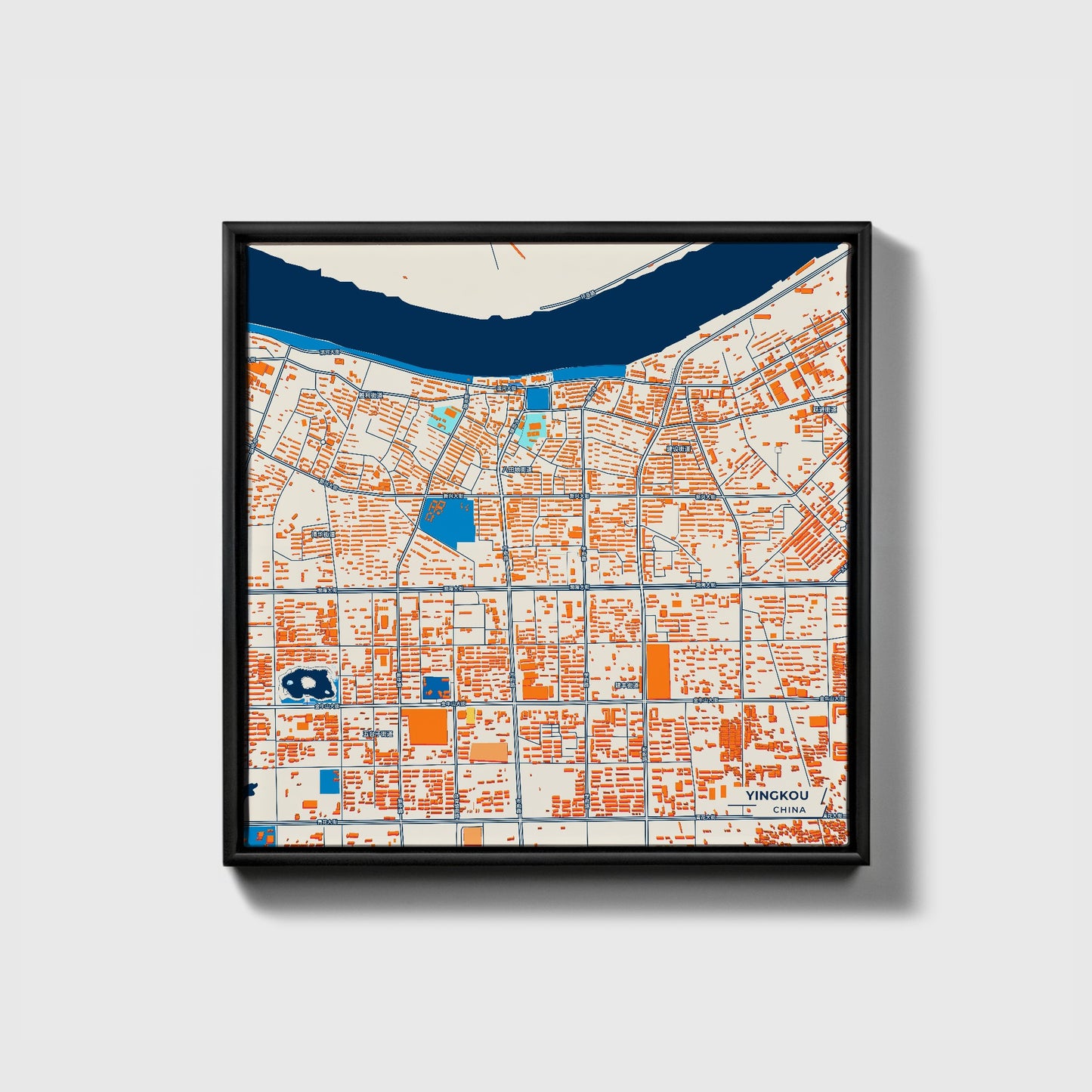 Yingkou China Colorful City Map Canvas Print • Black Framed