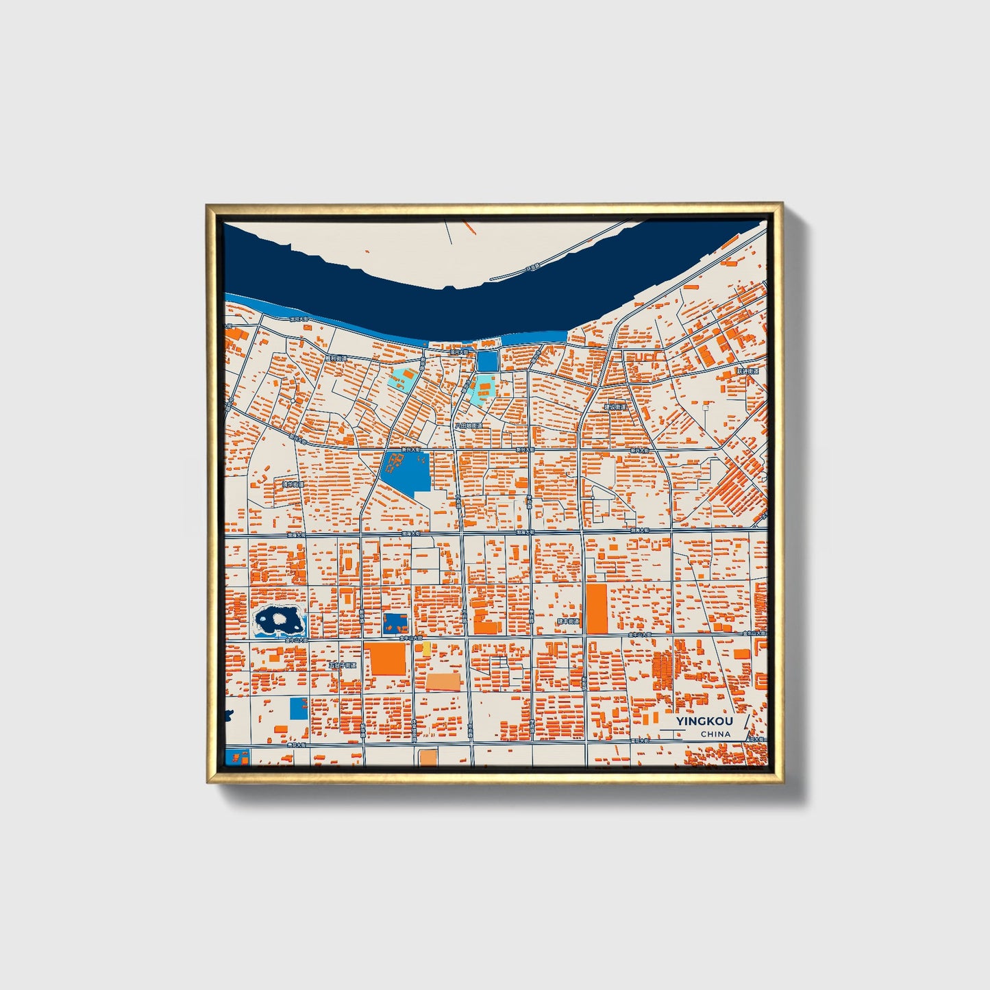 Yingkou China Colorful City Map Canvas Print • Gold Framed