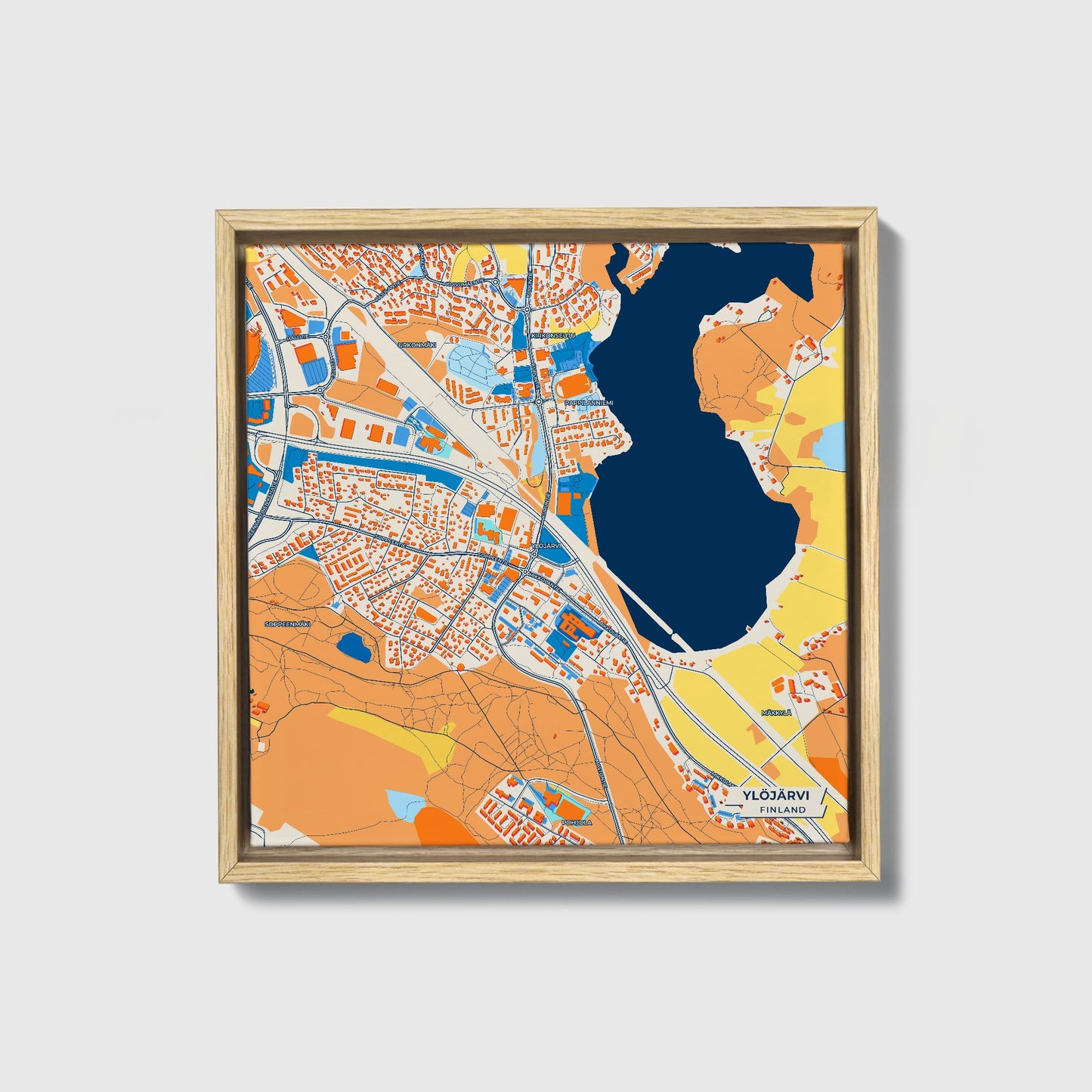 Ylöjärvi Finland Colorful City Map Canvas Print • Natural Wooden Framed
