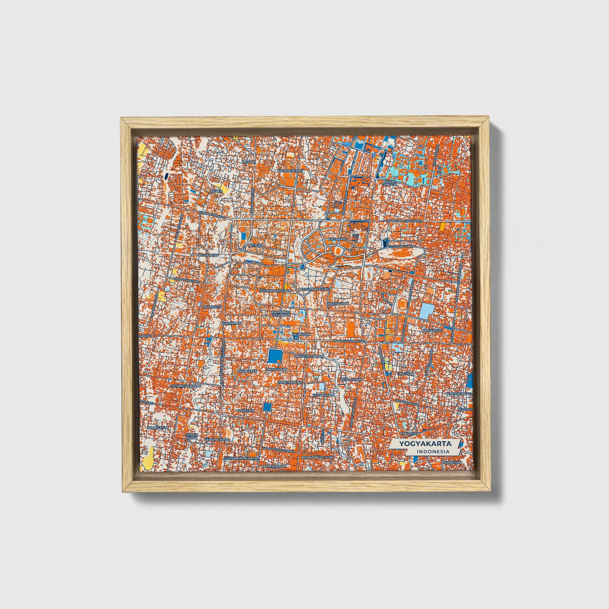 Yogyakarta Indonesia Colorful City Map Canvas Print • Natural Wooden Framed
