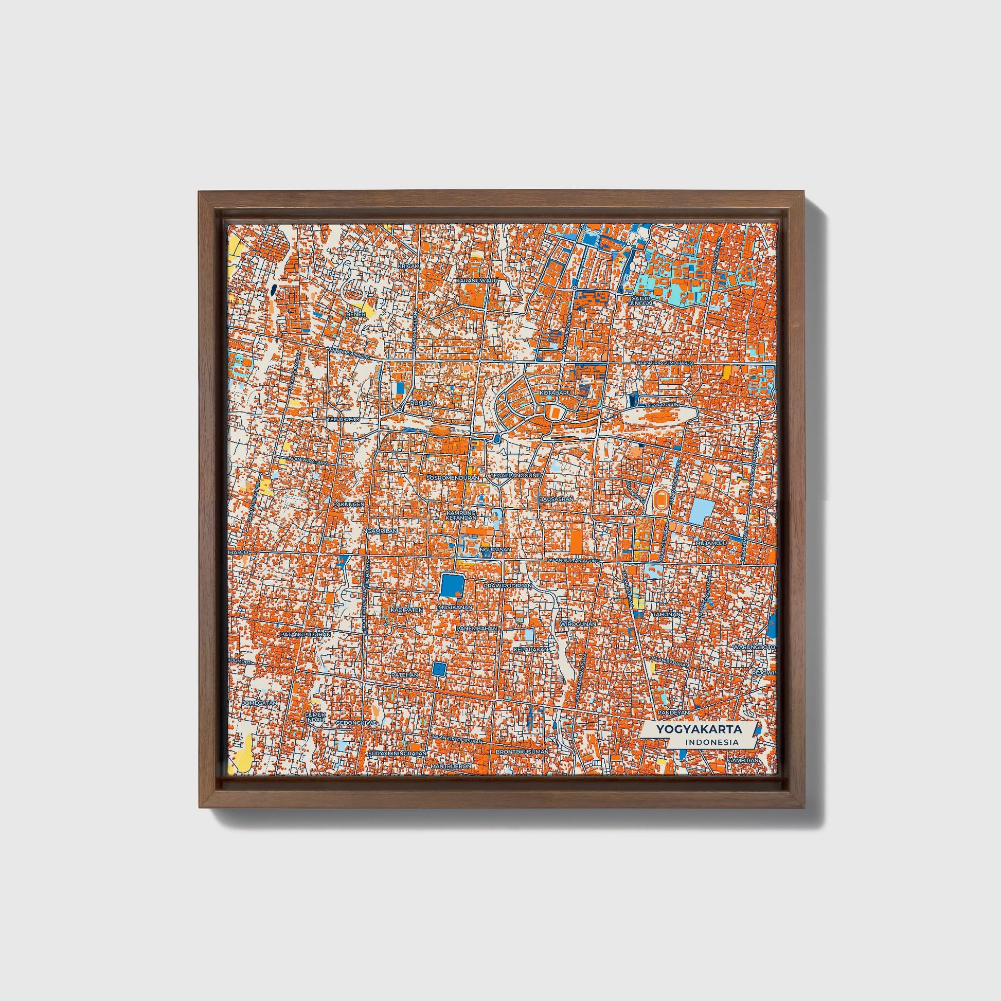 Yogyakarta Indonesia Colorful City Map Canvas Print • Dark Wooden Framed