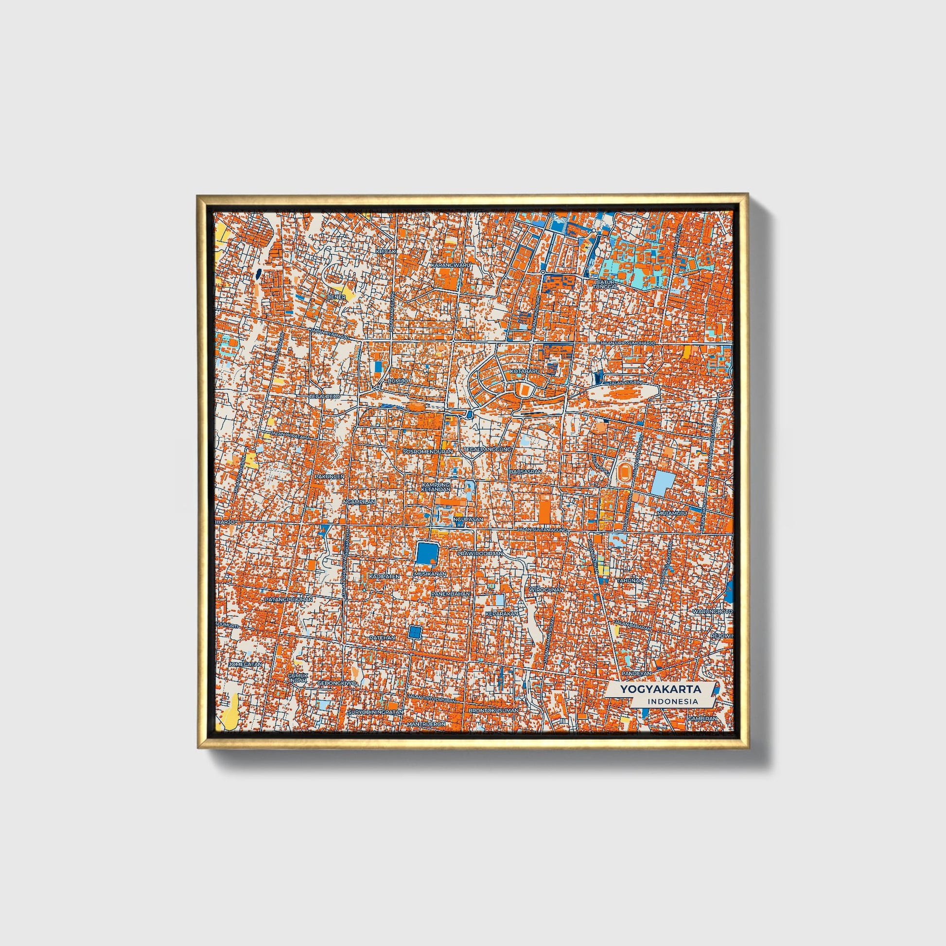 Yogyakarta Indonesia Colorful City Map Canvas Print • Gold Framed