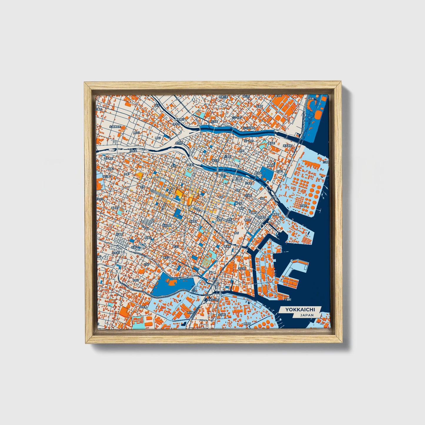 Yokkaichi Japan Colorful City Map Canvas Print • Natural Wooden Framed