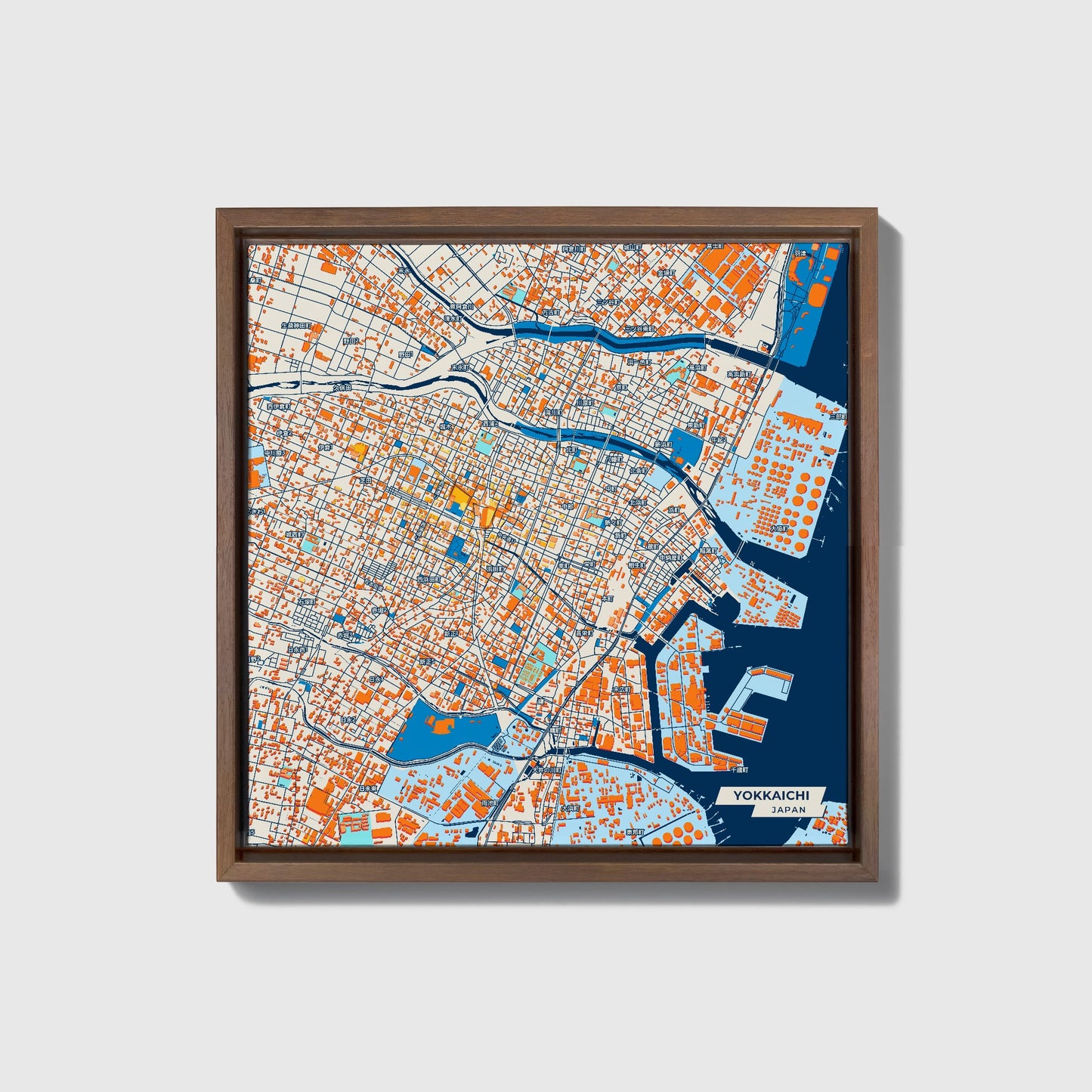 Yokkaichi Japan Colorful City Map Canvas Print • Dark Wooden Framed