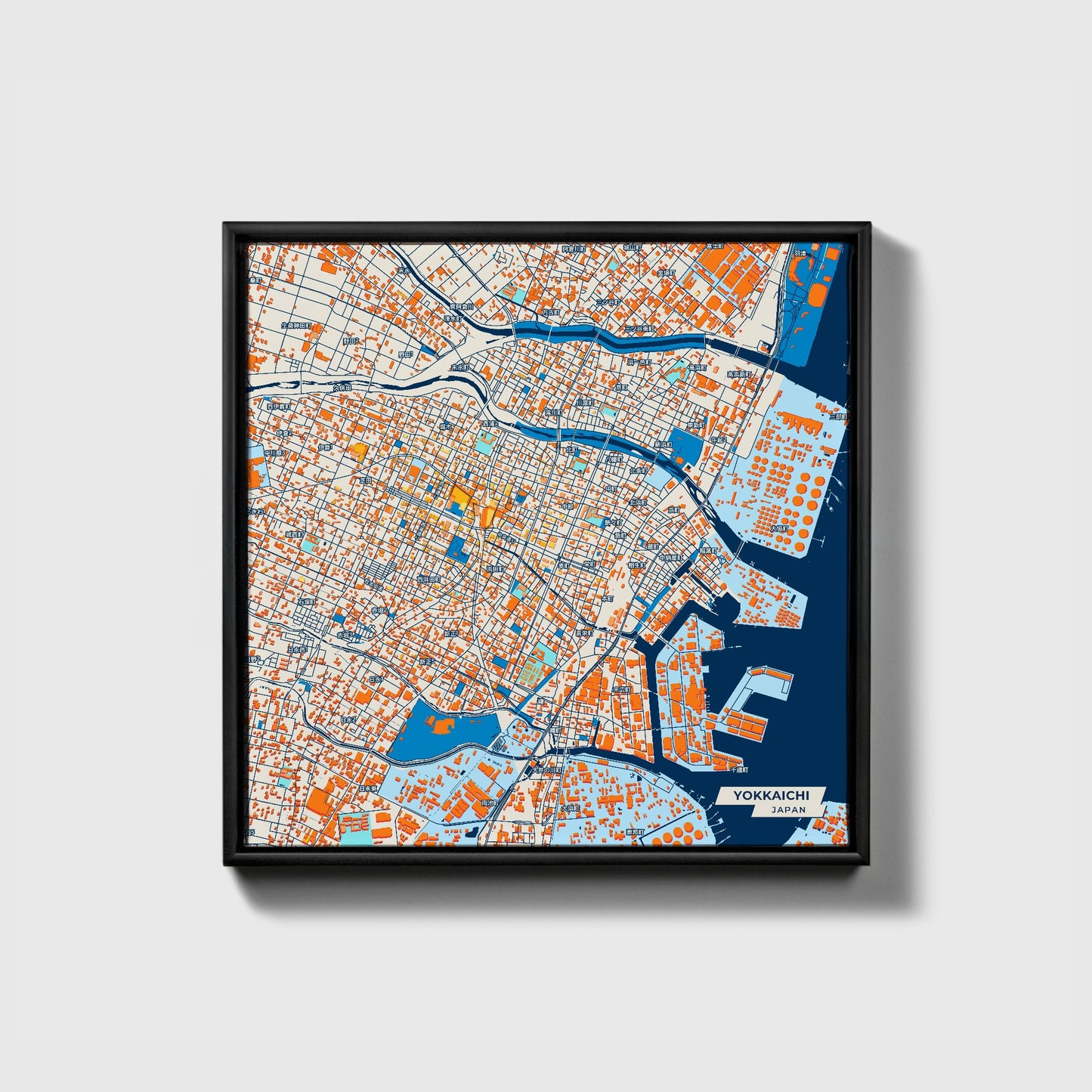 Yokkaichi Japan Colorful City Map Canvas Print • Black Framed