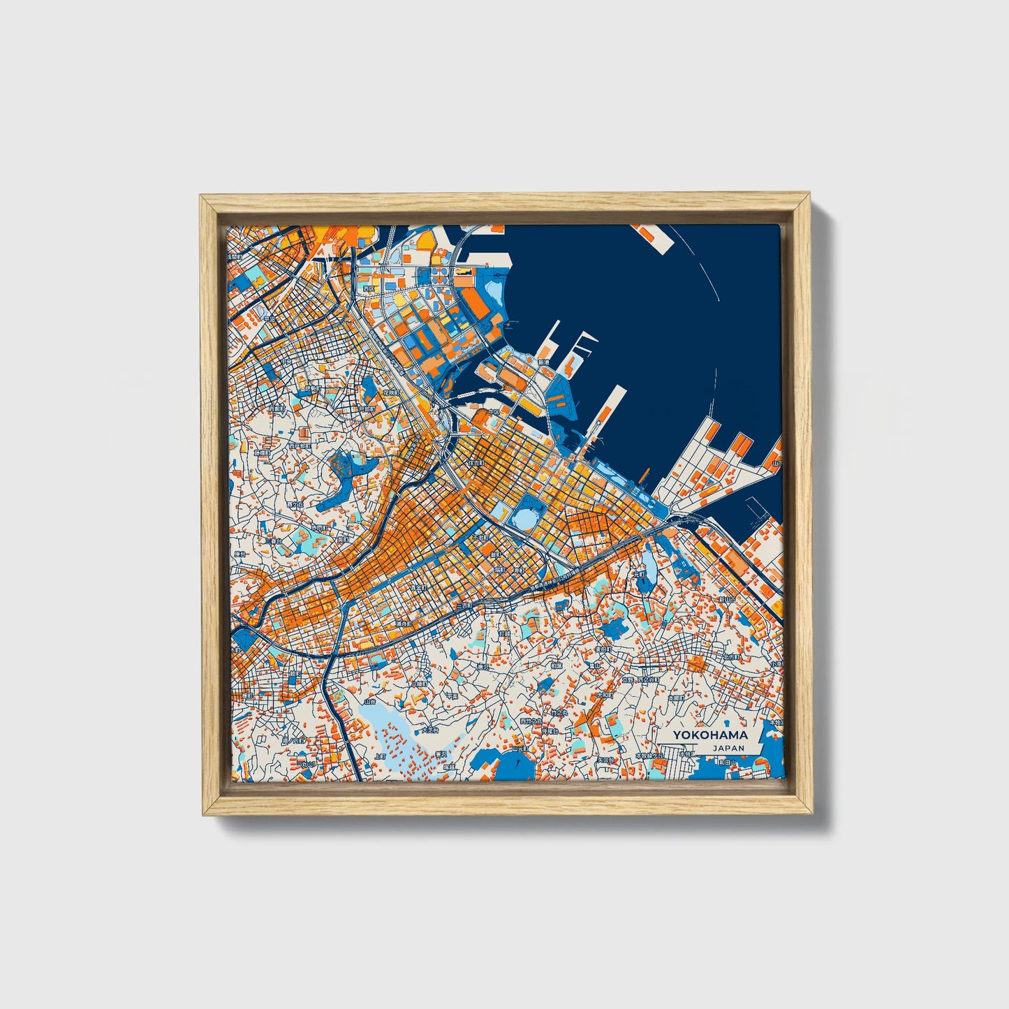Yokohama Japan Colorful City Map Canvas Print • Natural Wooden Framed