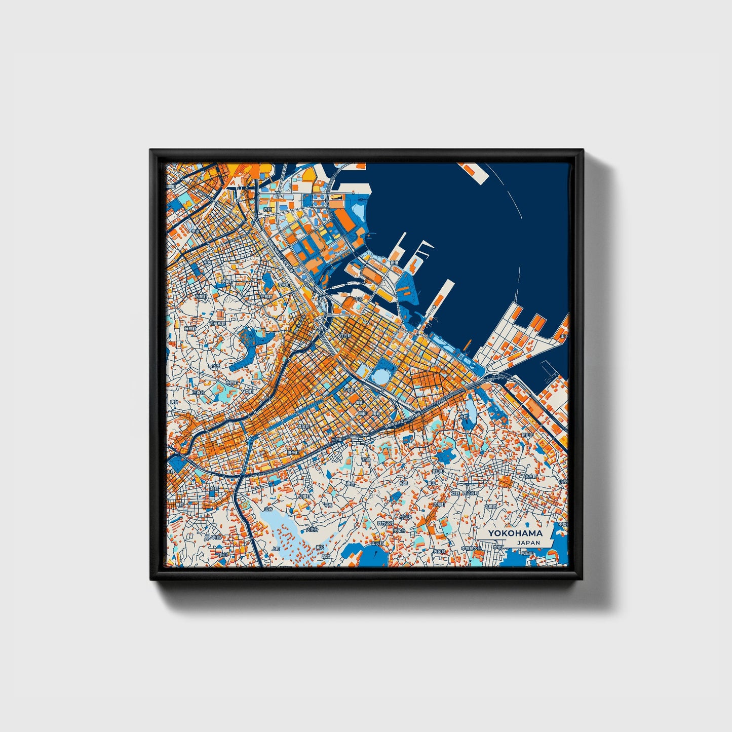 Yokohama Japan Colorful City Map Canvas Print • Black Framed