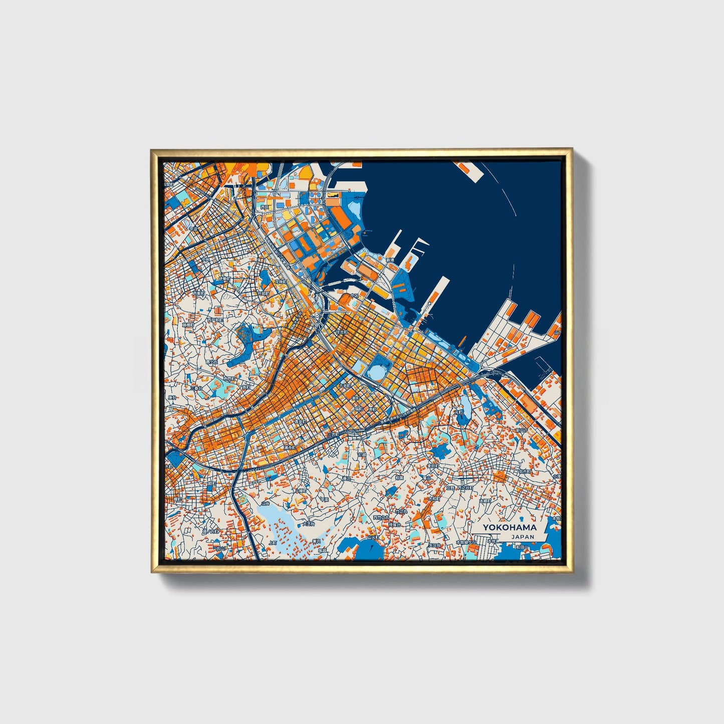 Yokohama Japan Colorful City Map Canvas Print • Gold Framed