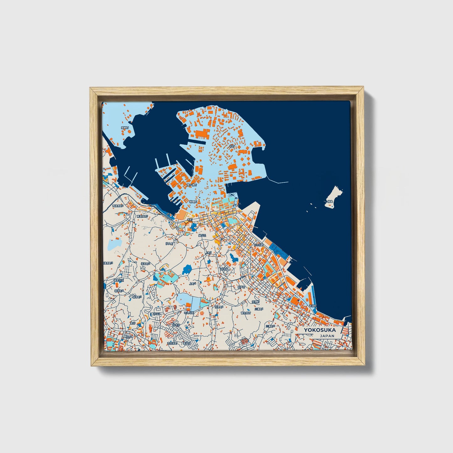 Yokosuka Japan Colorful City Map Canvas Print • Natural Wooden Framed