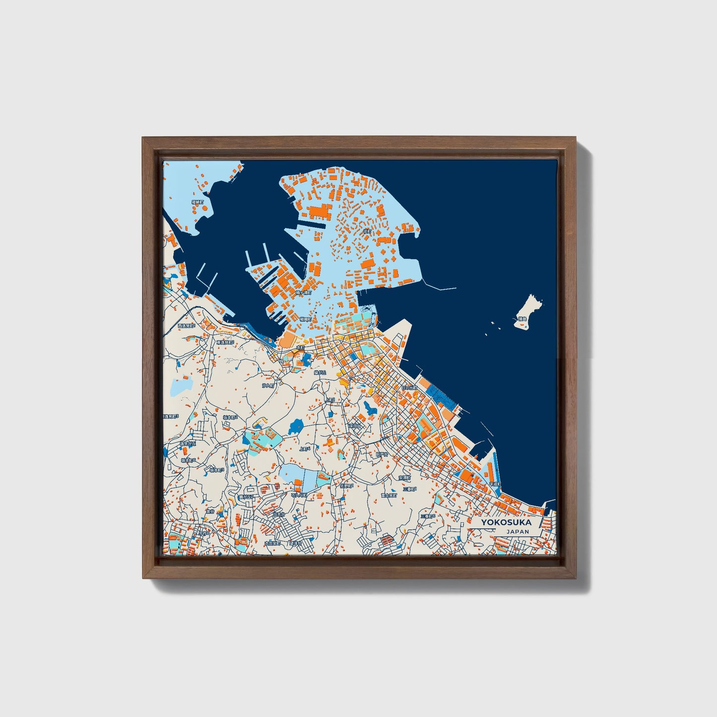 Yokosuka Japan Colorful City Map Canvas Print • Dark Wooden Framed
